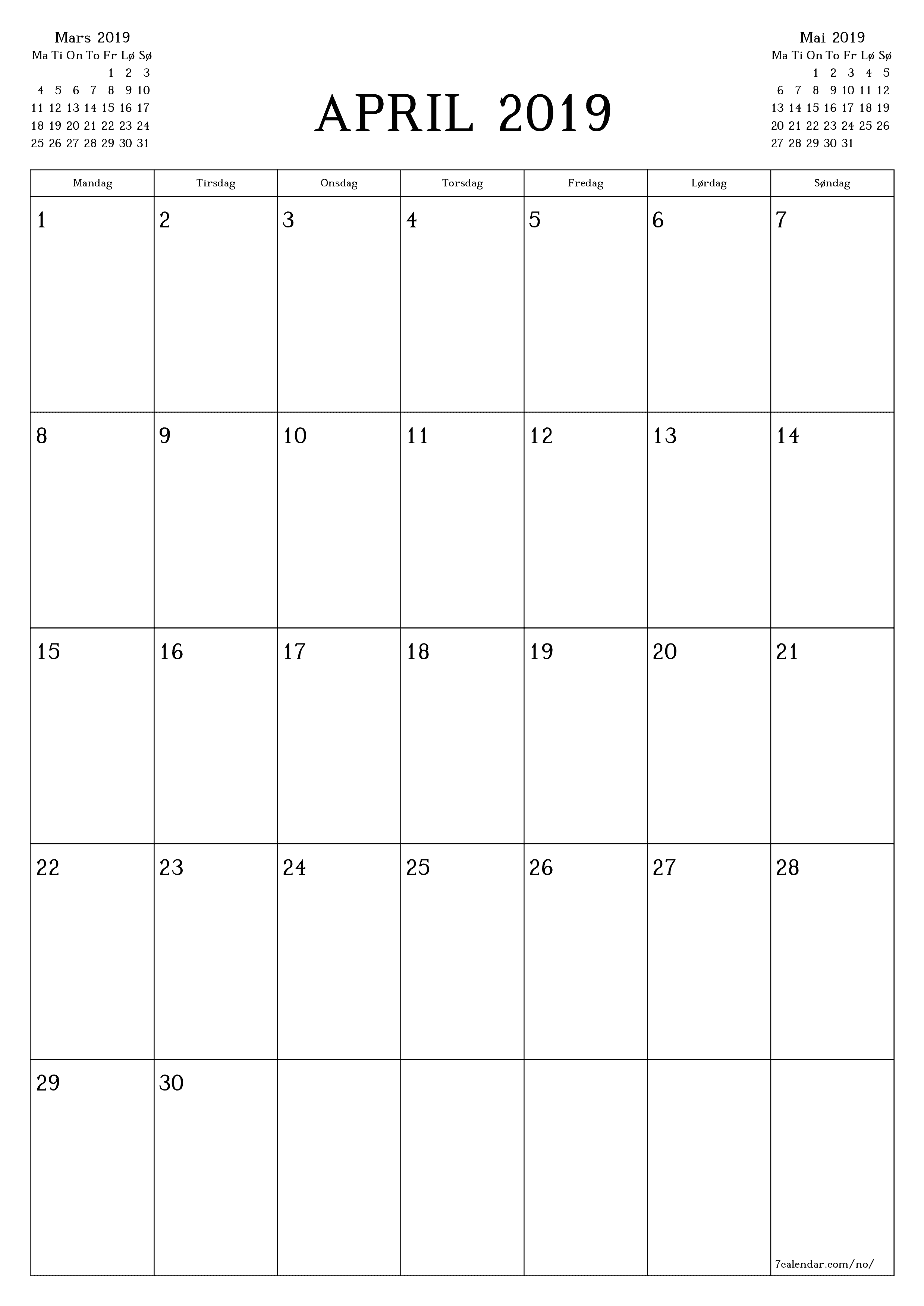 Tom månedlig planlegger for måned April 2019 med notater, lagre og skriv ut til PDF PNG Norwegian