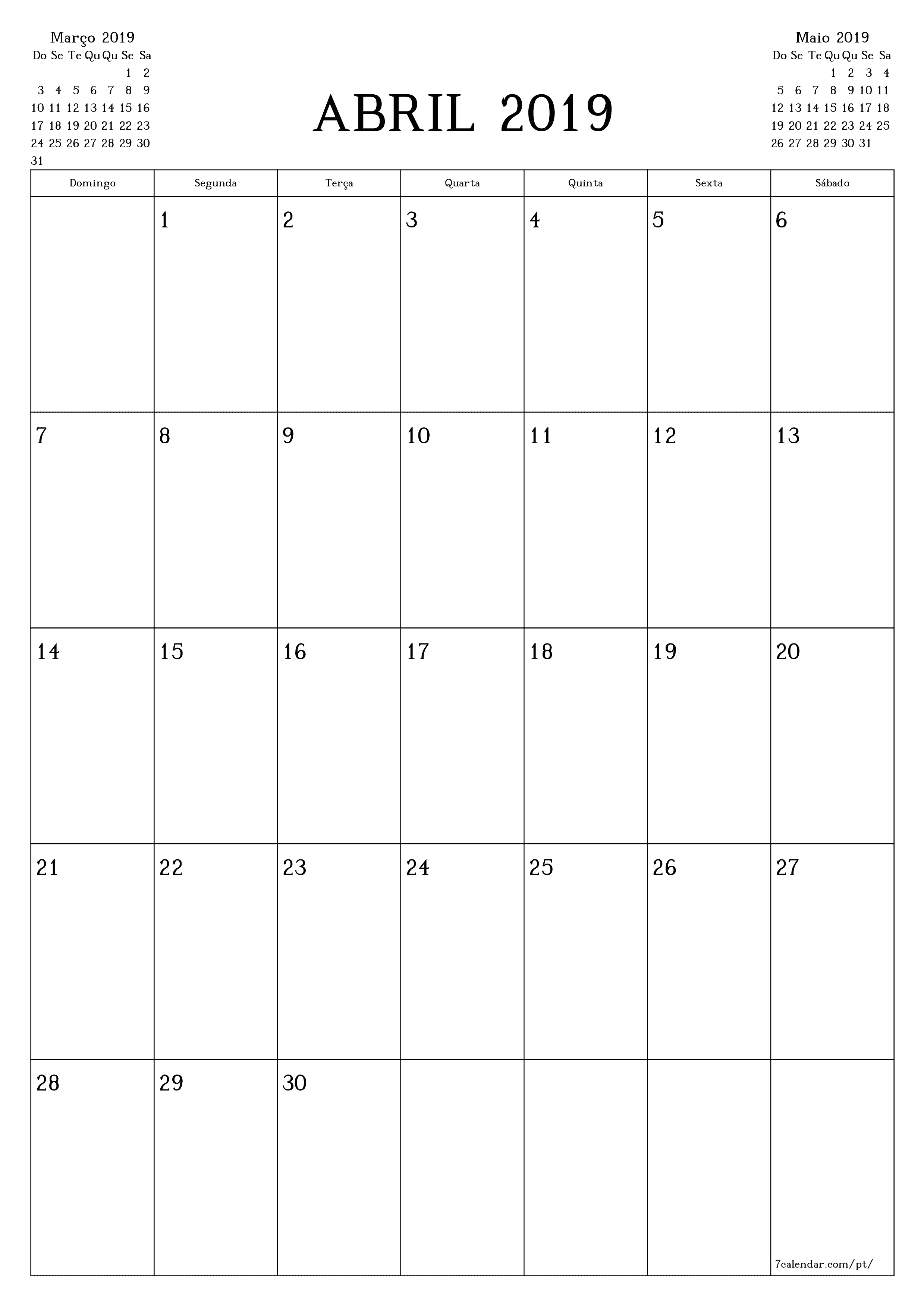  para impressão de parede modelo de grátisvertical Mensal planejador calendário Abril (Abr) 2019