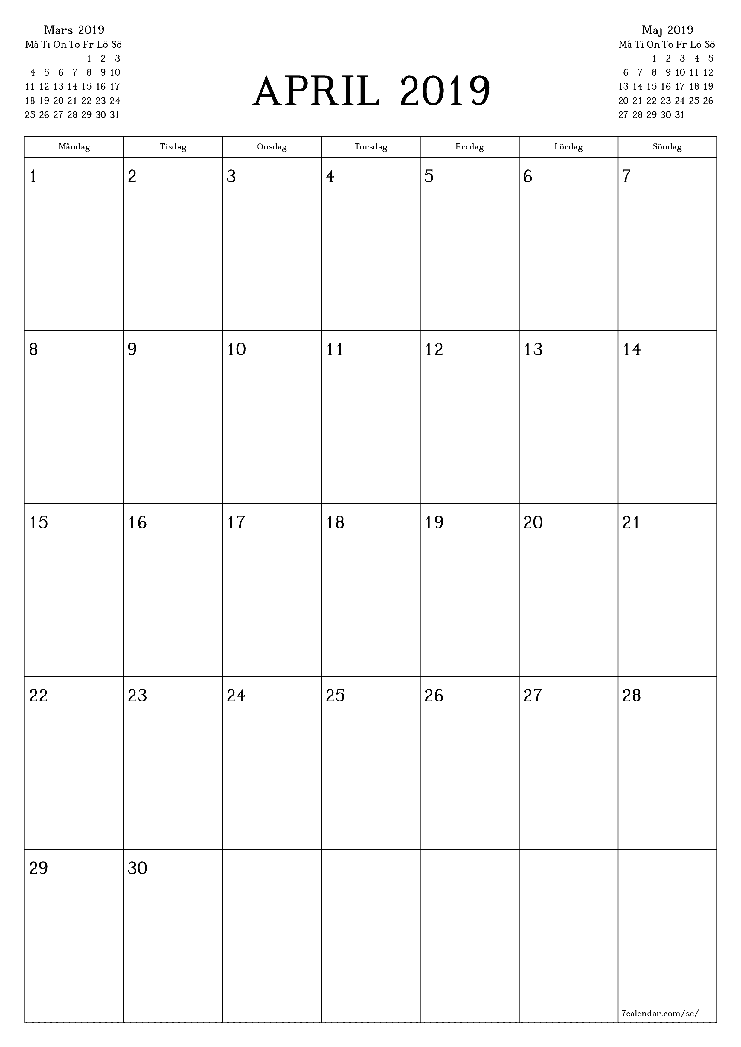 utskrivbar vägg mall gratis vertikal Månatlig planerare kalender April (Apr) 2019