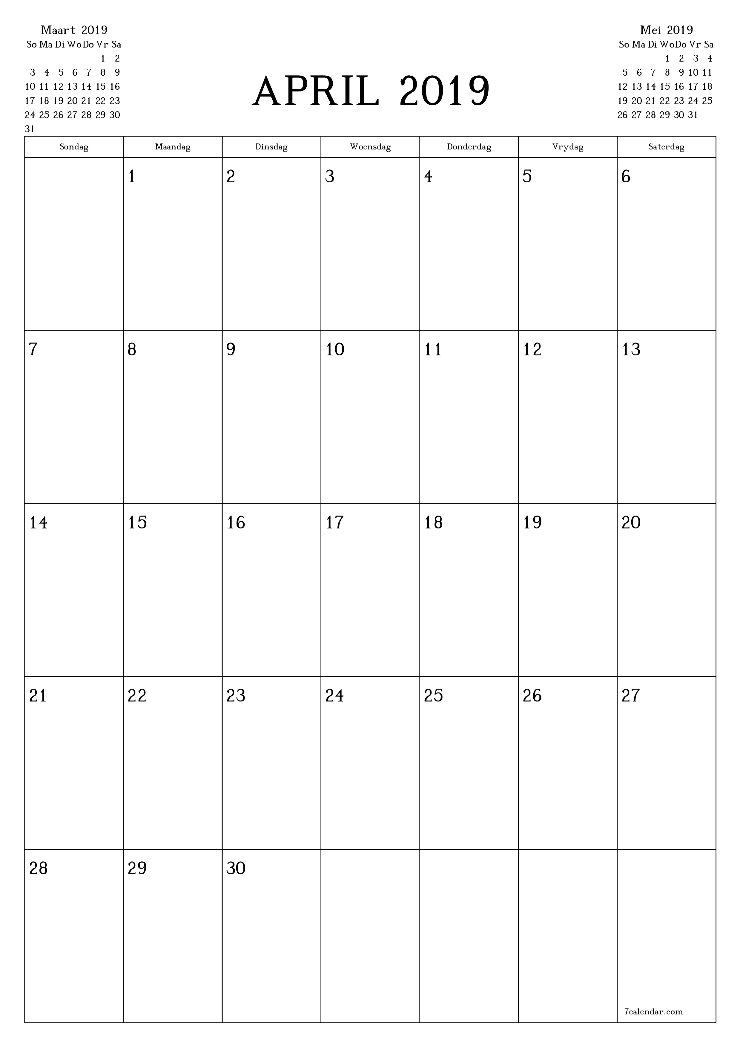 Leë maandelikse drukbare kalender en beplanner vir maand April 2019 met notas stoor en druk na PDF PNG Afrikaans