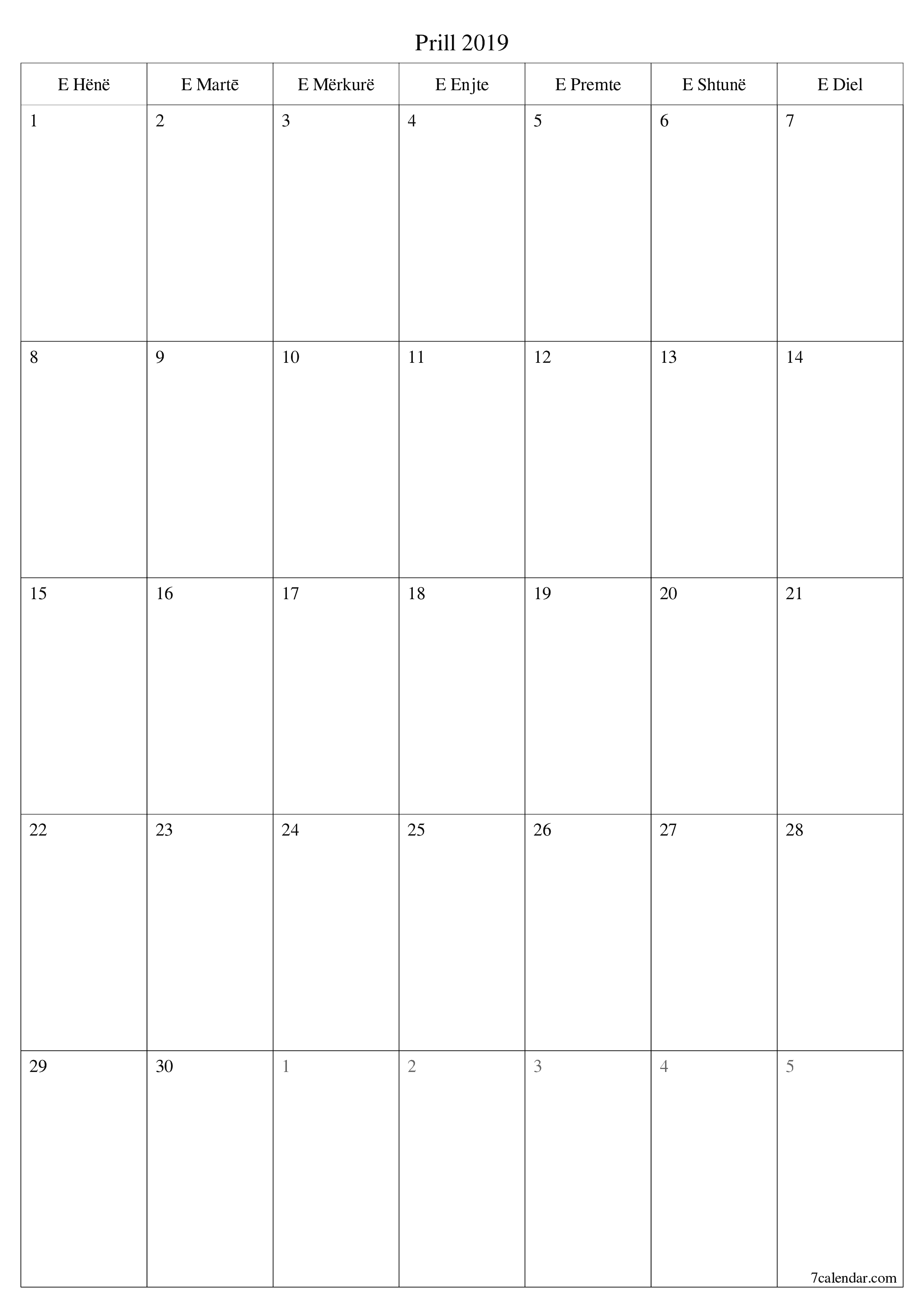  i printueshëm muri shabllon falasvertikale mujore planifikues kalendar Prill (Pri) 2019