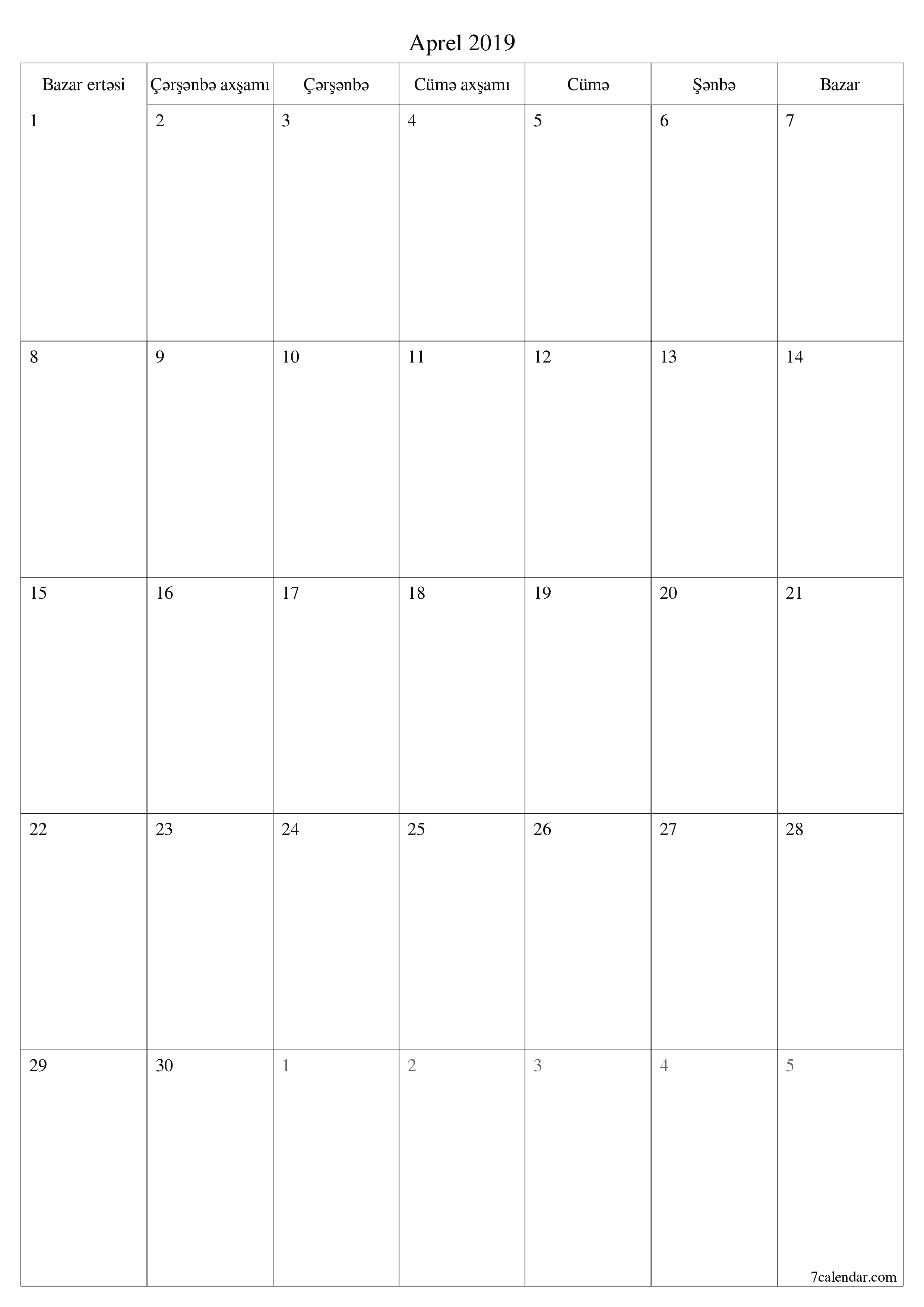 çap edilə bilən divar i şablonu pulsuz şaquli Aylıq planlaşdırıcı təqvim Aprel (Apr) 2019