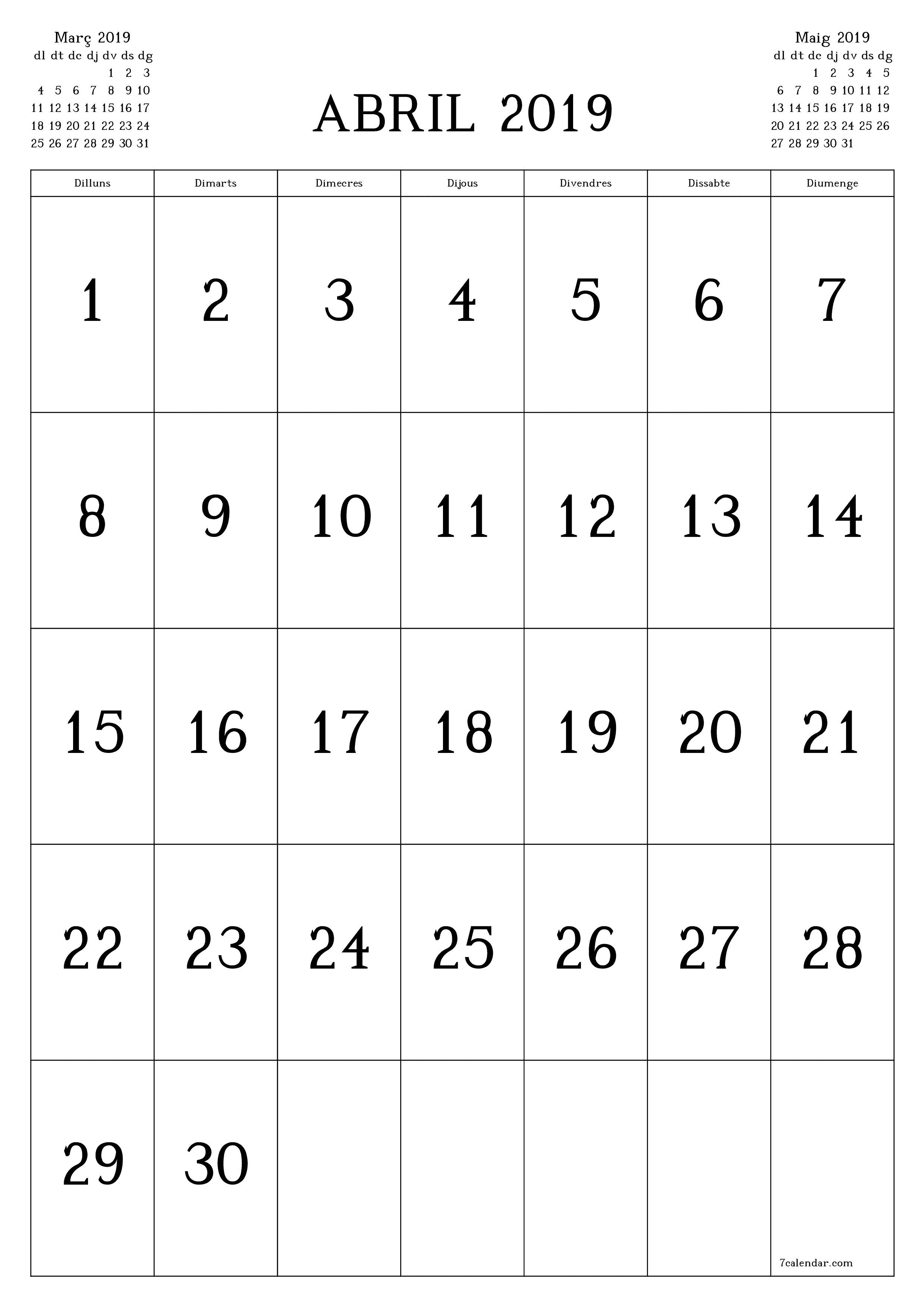  imprimible de paret plantilla de gratuïtvertical Mensual calendari Abril (Abr) 2019