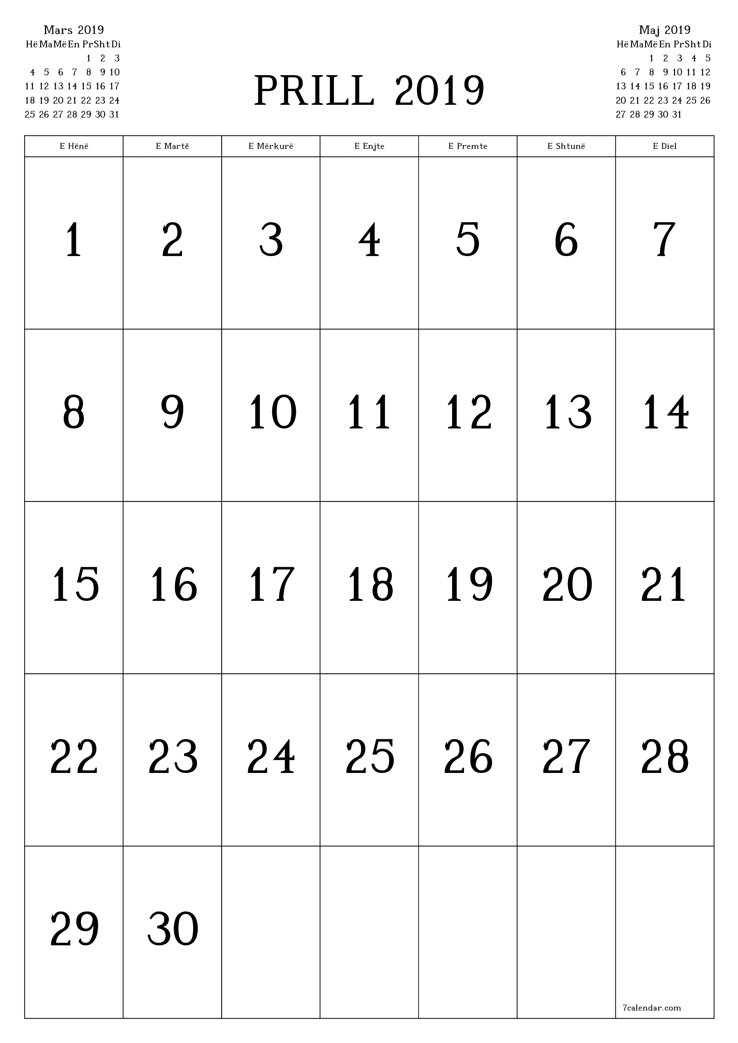  i printueshëm muri shabllon falasvertikale mujore kalendar Prill (Pri) 2019