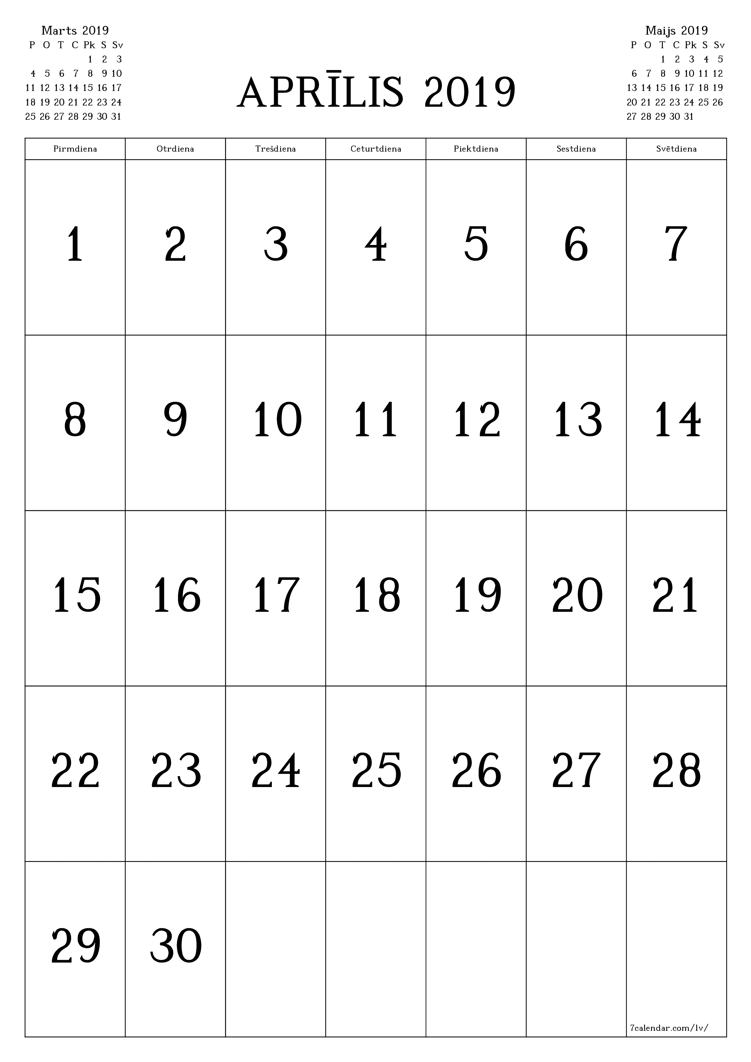 izdrukājams sienas kalendāra veidne bezmaksas vertikāli Mēneša kalendārs Aprīlis (Apr) 2019