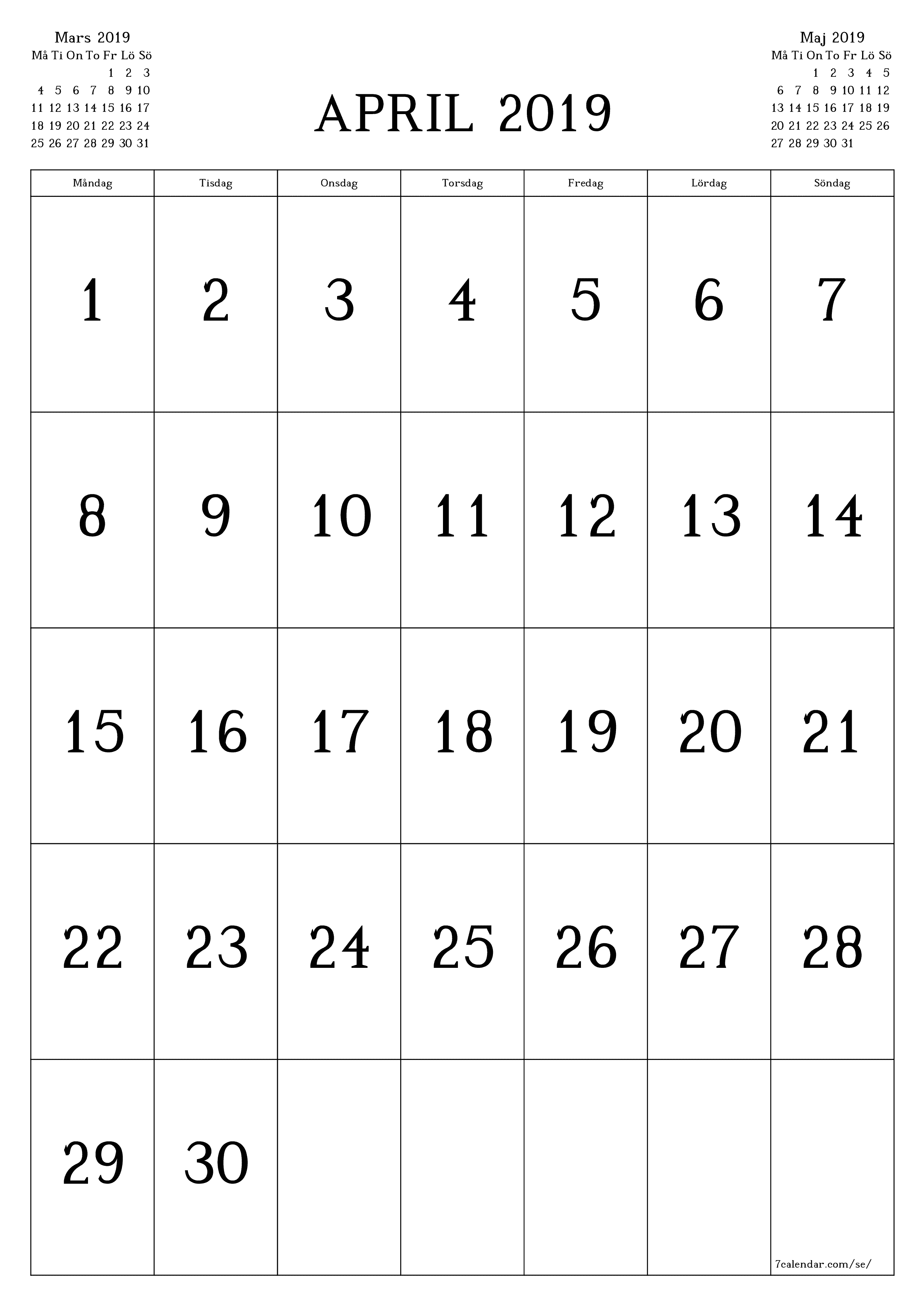 utskrivbar vägg mall gratis vertikal Månatlig kalender April (Apr) 2019