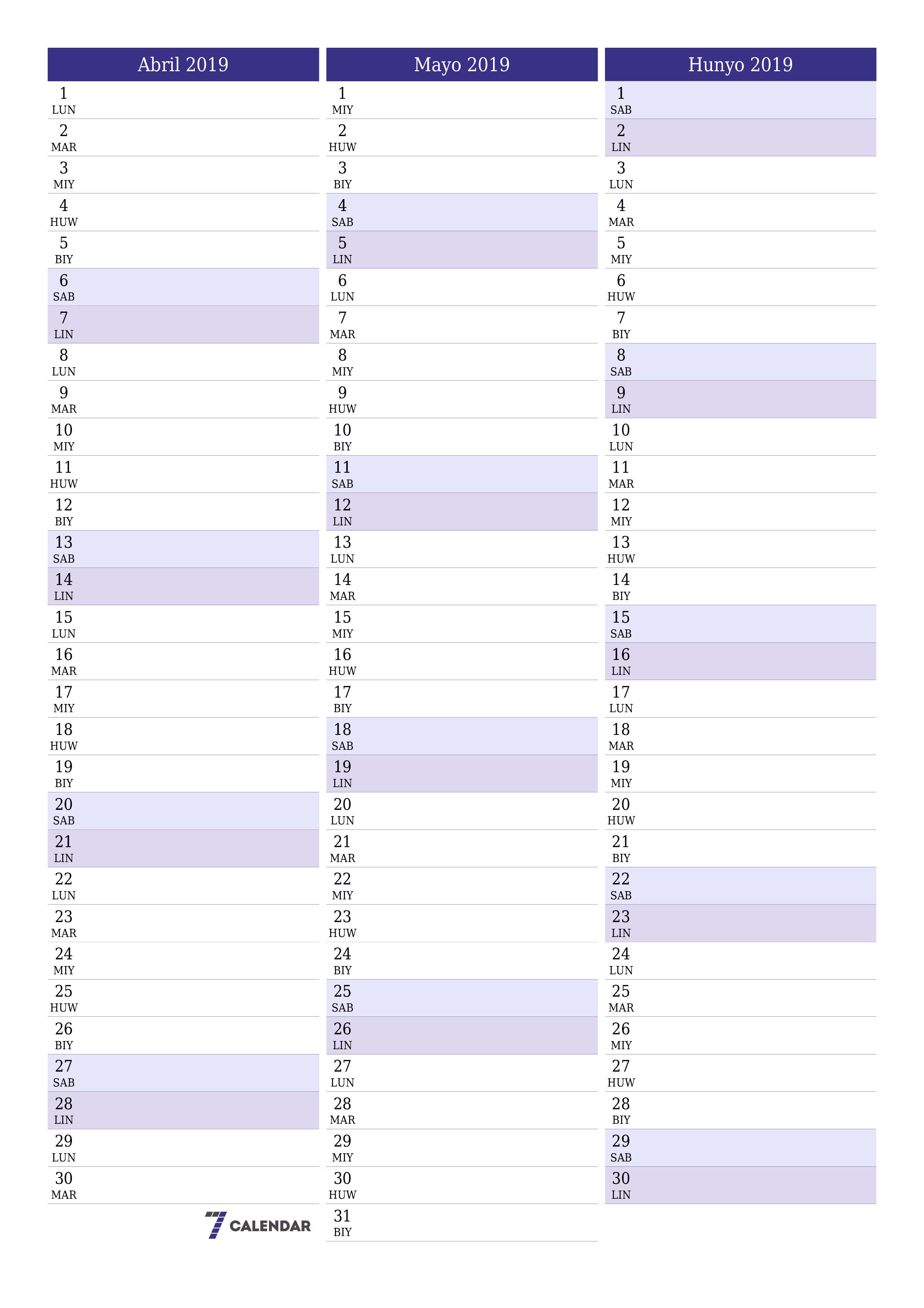 napi-print na sa dingding template ng libreng patayo Buwanang tagaplano kalendaryo Abril (Abr) 2019