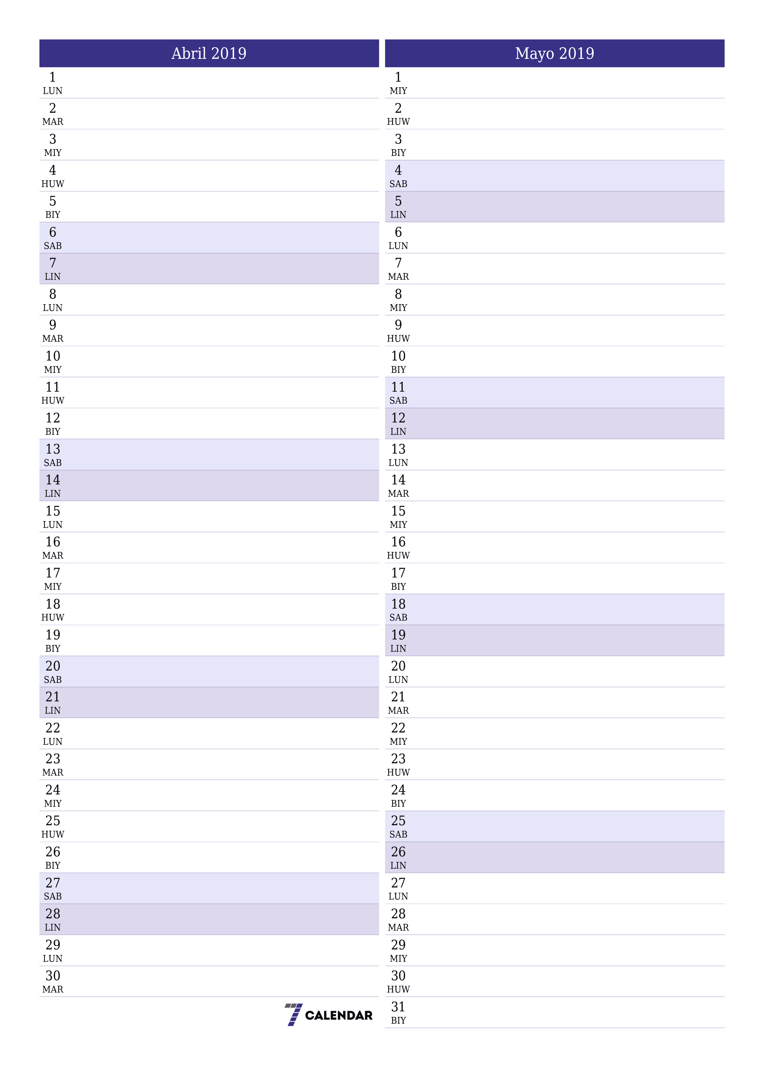 napi-print na sa dingding template ng libreng patayo Buwanang tagaplano kalendaryo Abril (Abr) 2019