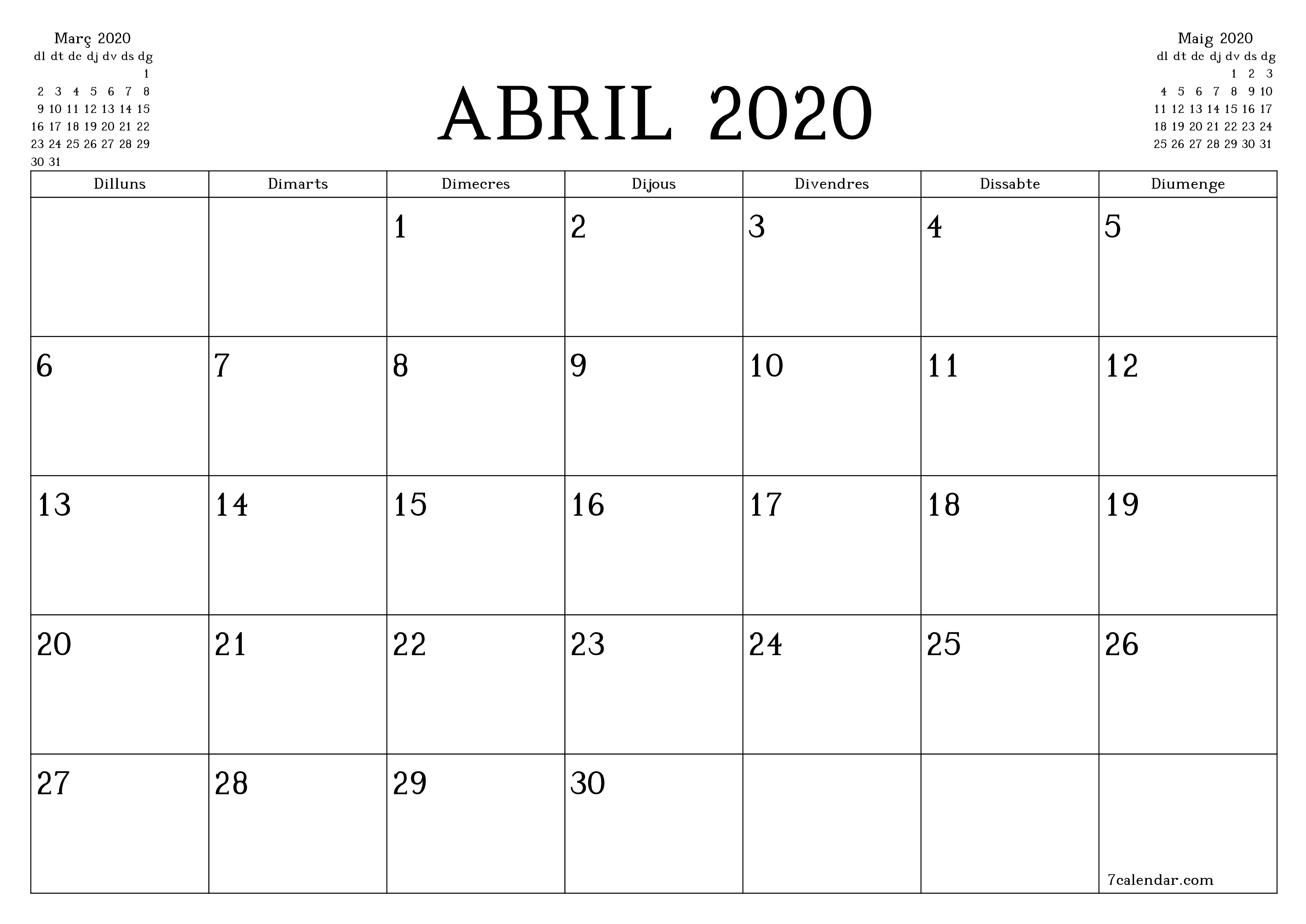 Planificador mensual buit del mes Abril 2020 amb notes, deseu-lo i imprimiu-lo en format PDF PNG Catalan