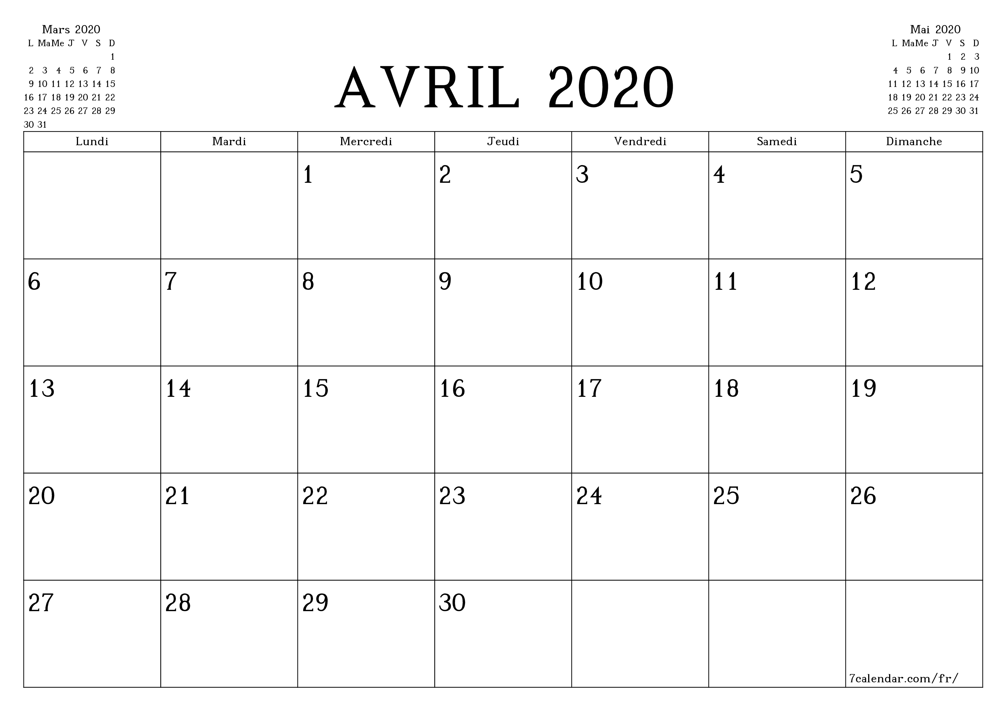  imprimable mural modèle de gratuithorizontal Mensuel planificateur calendrier Avril (Avr) 2020