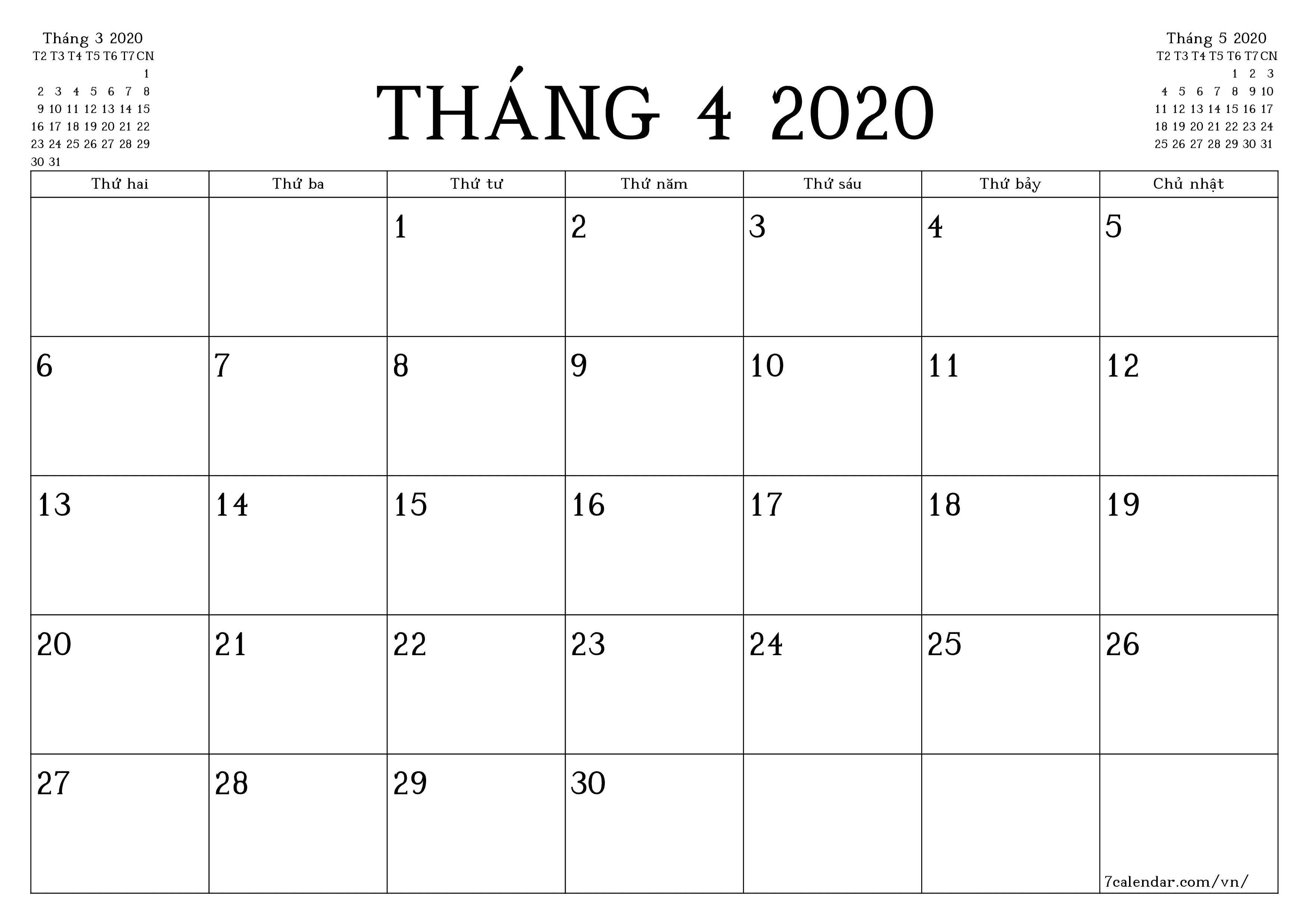 Công cụ lập kế hoạch hàng tháng trống cho tháng Tháng 4 2020 có ghi chú, lưu và in sang PDF PNG Vietnamese