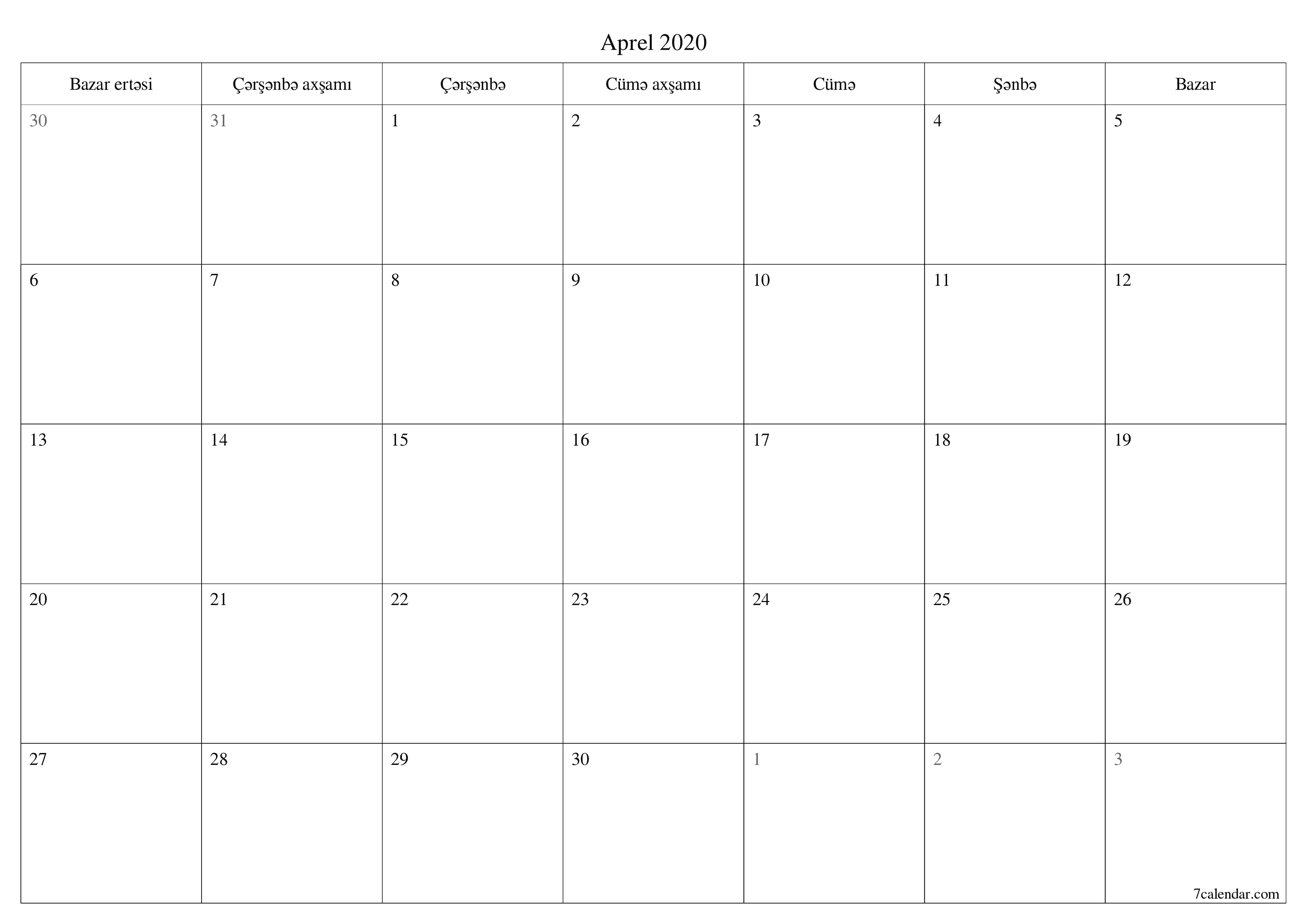 Aprel 2020 ayı üçün qeydlər ilə boş aylıq planlayıcı, qeyd edin və PDF-ə yazdırın PNG Azerbaijani