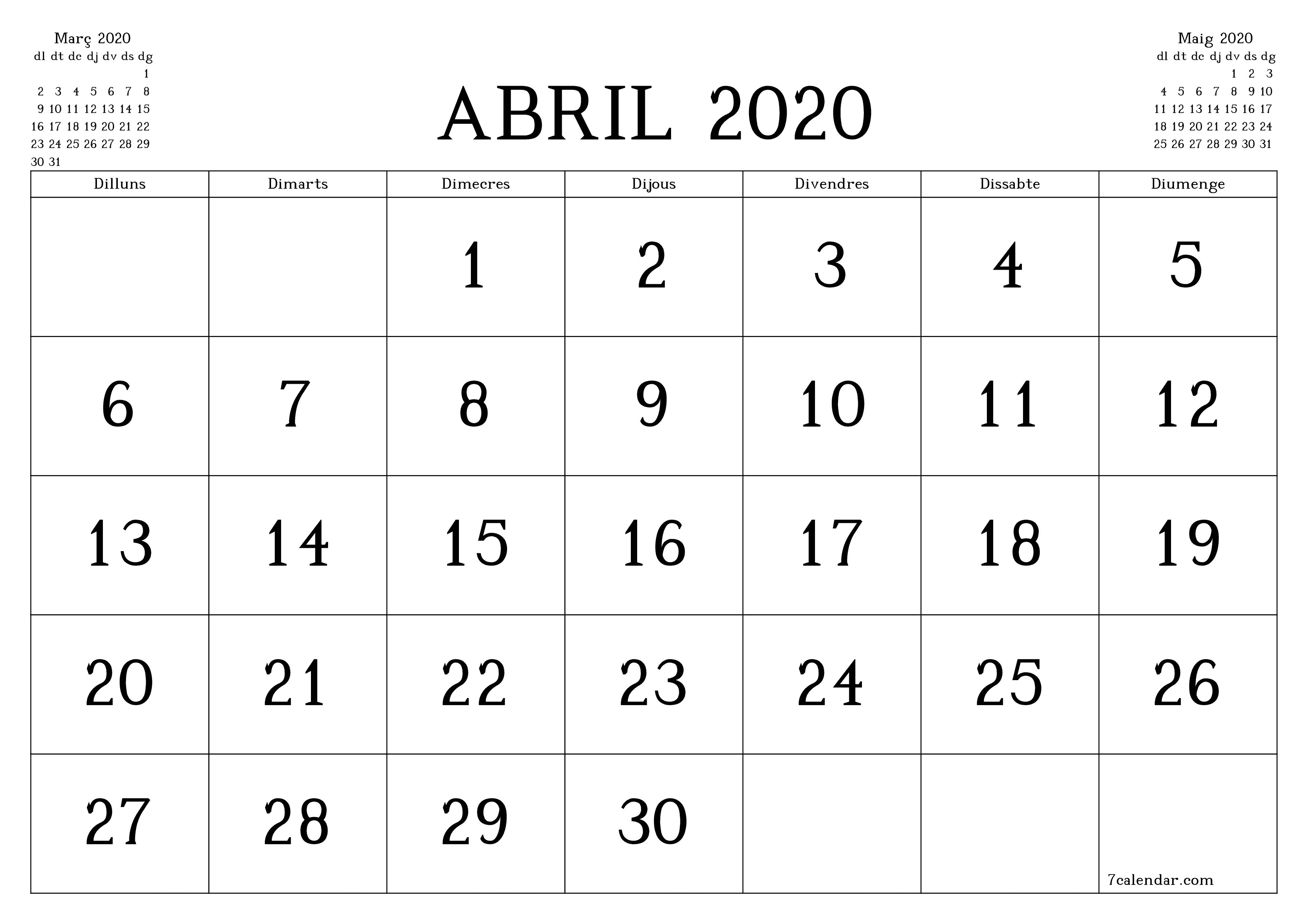 Planificador mensual buit del mes Abril 2020 amb notes, deseu-lo i imprimiu-lo en format PDF PNG Catalan