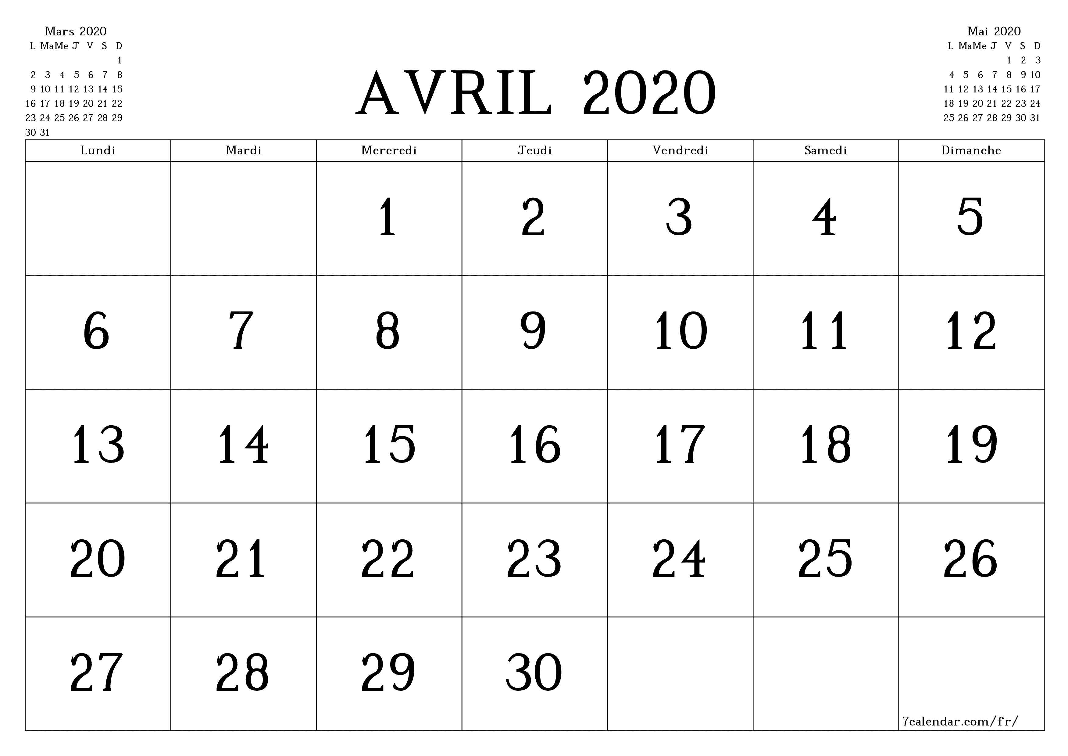 Agenda mensuel vide pour le mois Avril 2020 avec notes, enregistrez et imprimez au format PDF PNG French