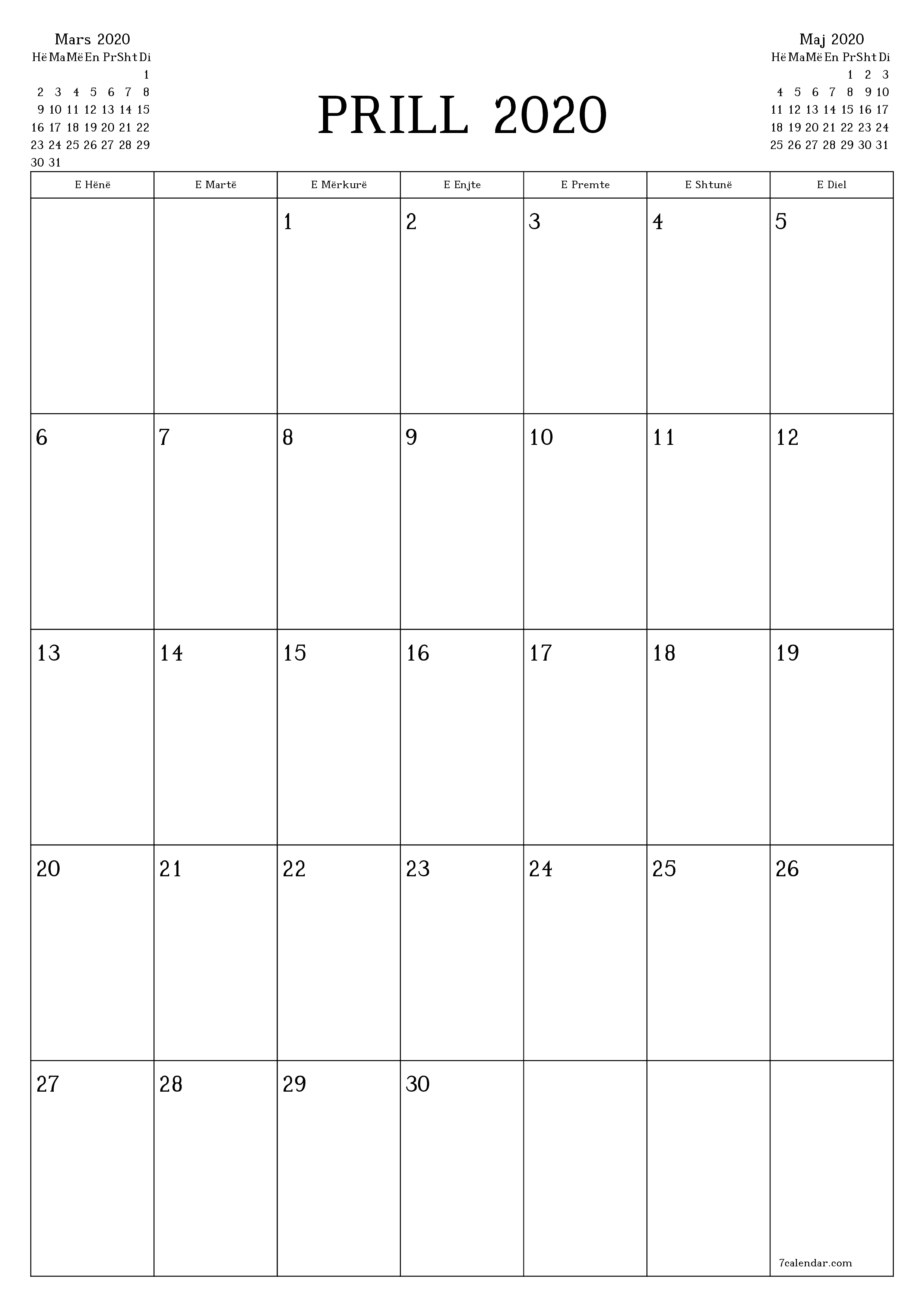  i printueshëm muri shabllon falasvertikale mujore planifikues kalendar Prill (Pri) 2020