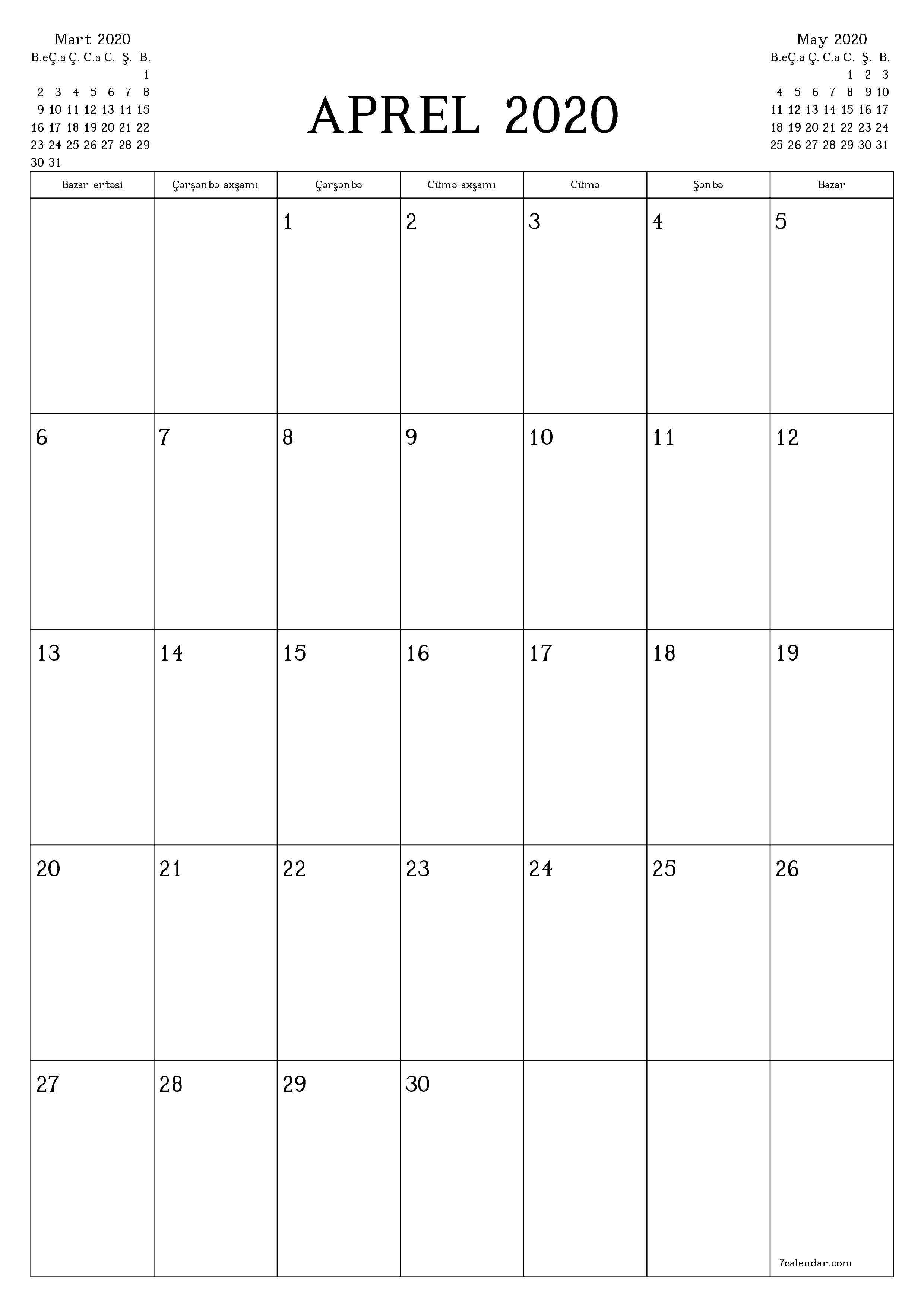 Aprel 2020 ayı üçün qeydlər ilə boş aylıq planlayıcı, qeyd edin və PDF-ə yazdırın PNG Azerbaijani