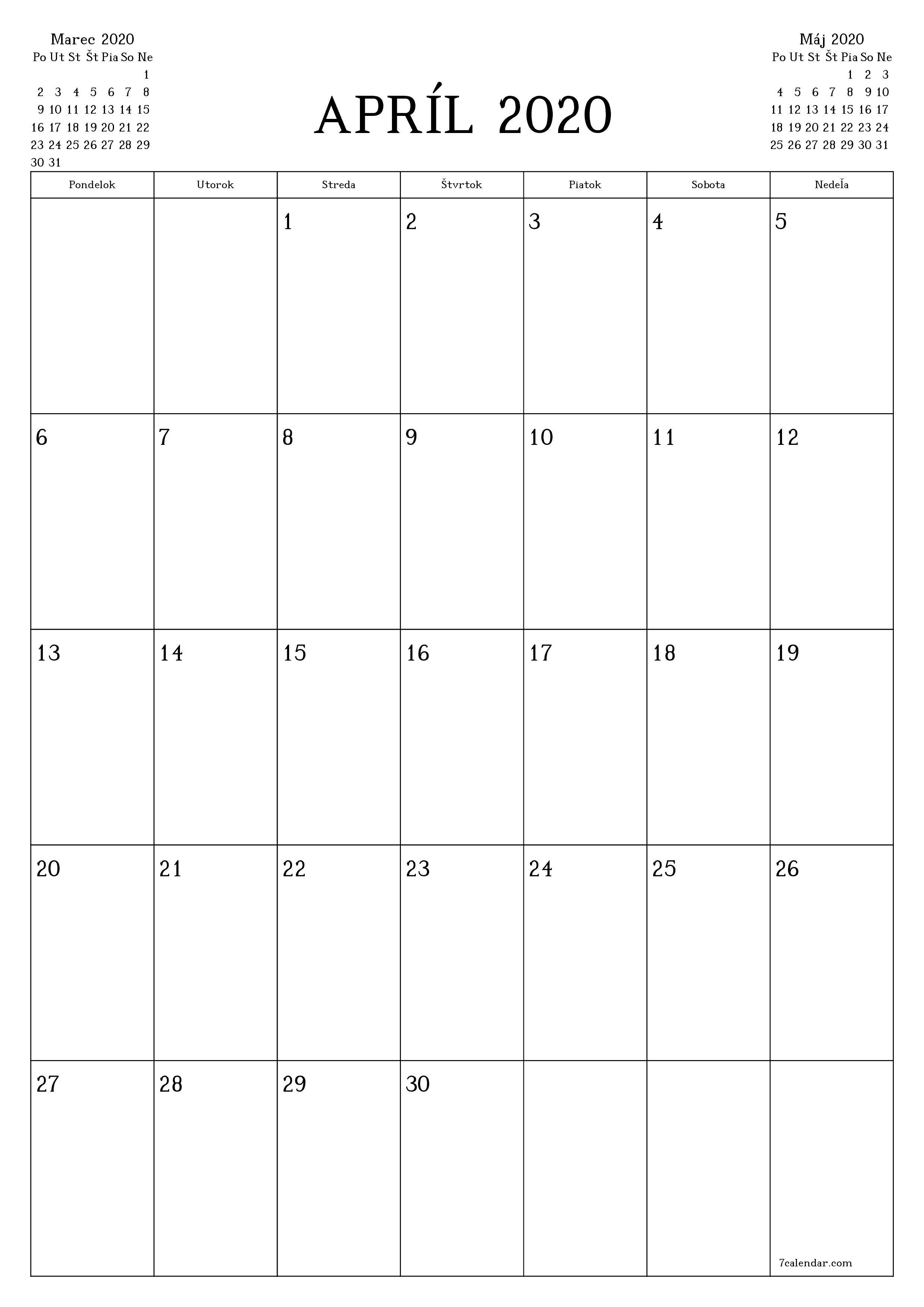 vytlačiteľný nástenný šablóna a bezplatný вертикальный Mesačne plánovač kalendár Apríl (Apr) 2020