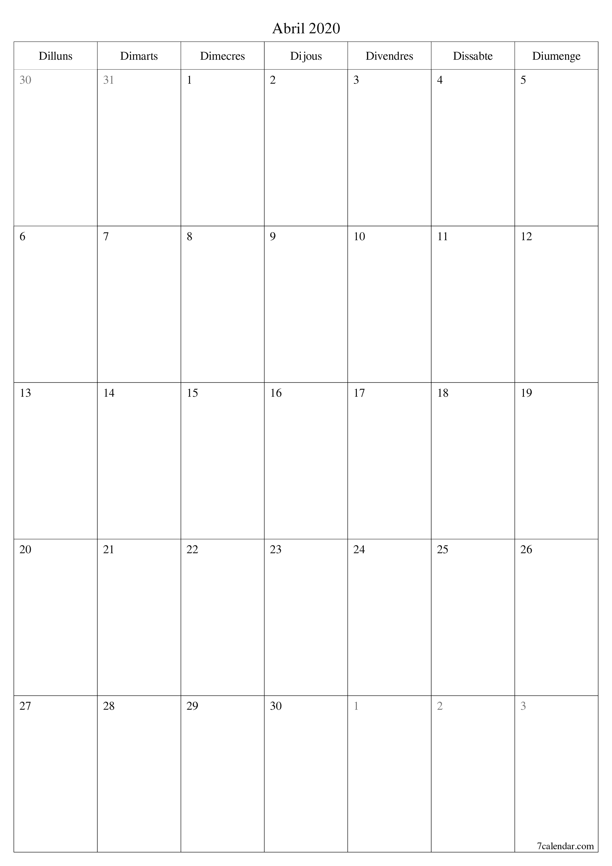 Planificador mensual buit del mes Abril 2020 amb notes, deseu-lo i imprimiu-lo en format PDF PNG Catalan