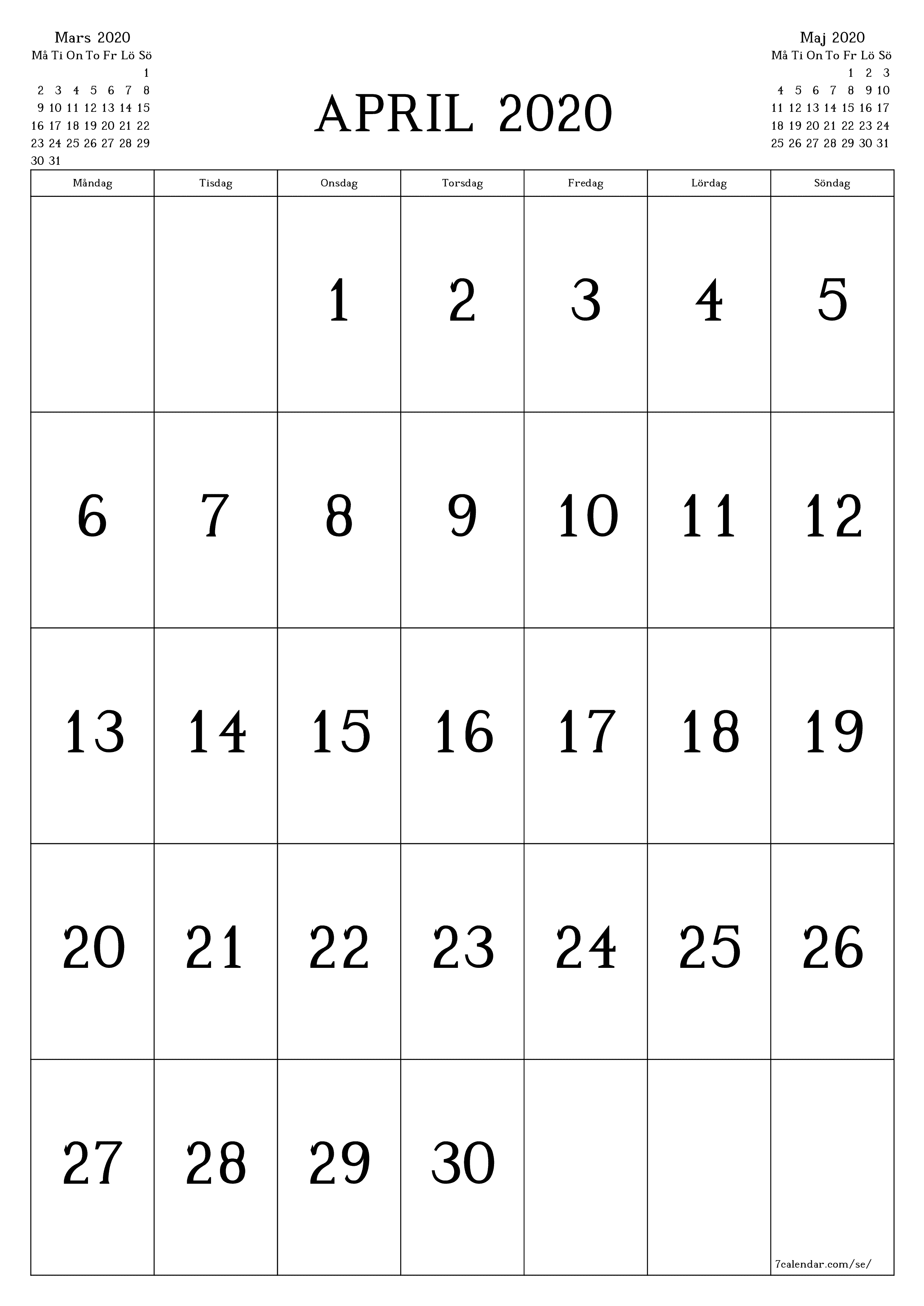 utskrivbar vägg mall gratis vertikal Månatlig kalender April (Apr) 2020