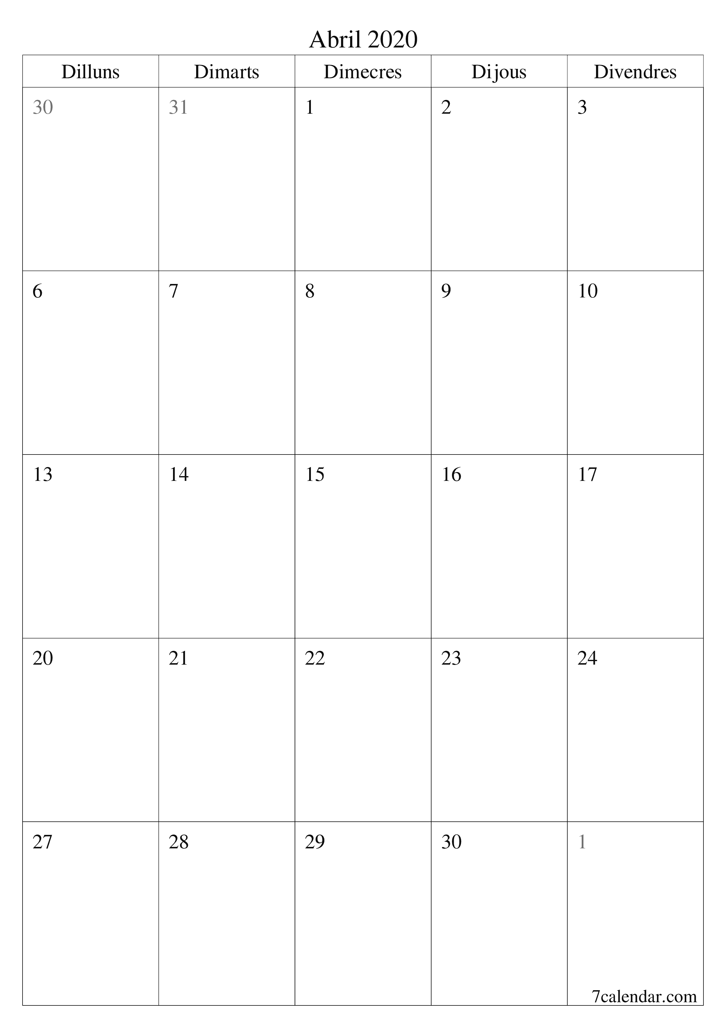  imprimible de paret plantilla de gratuïtvertical Mensual planificador calendari Abril (Abr) 2020