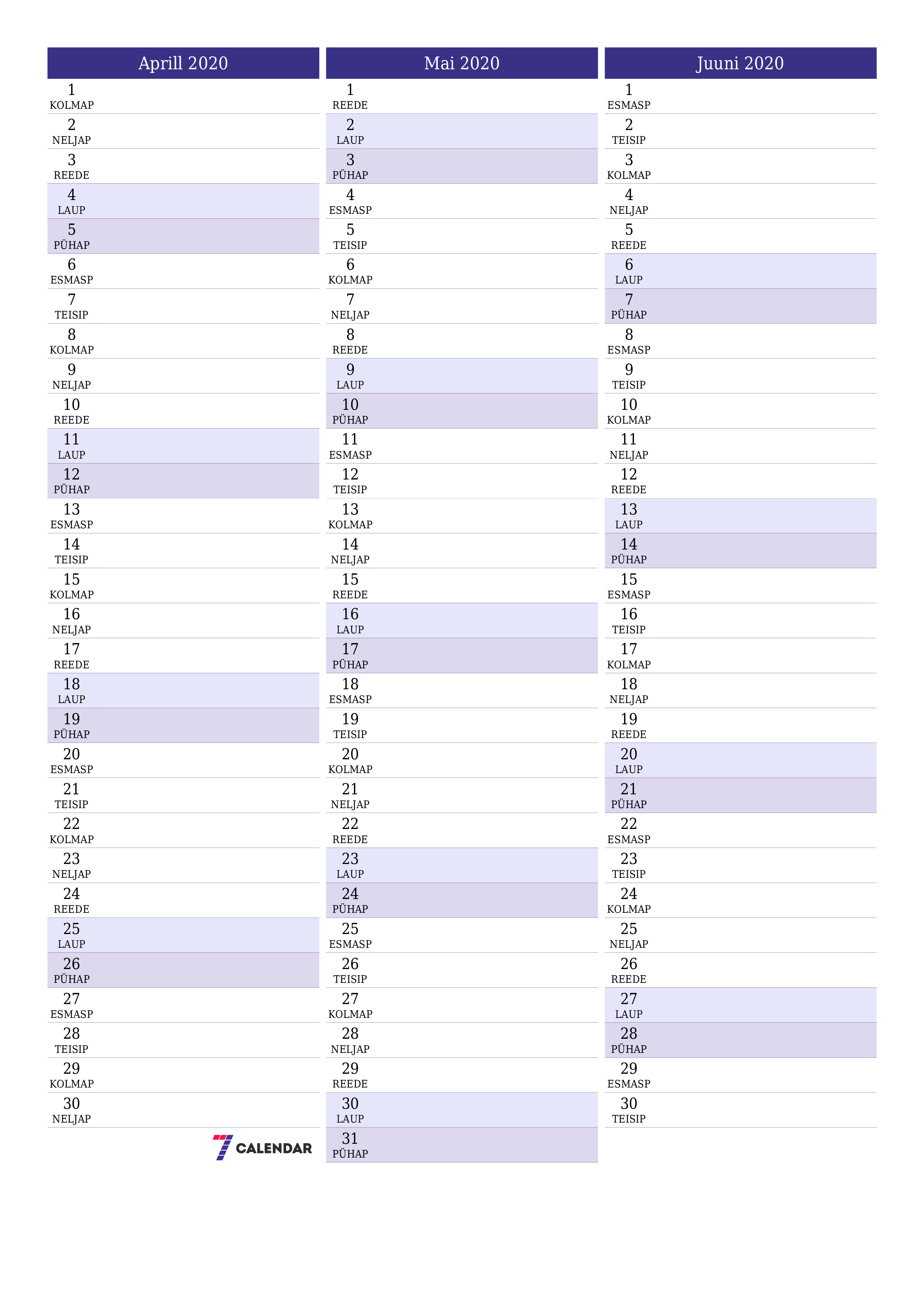 Tühjendage kuu Aprill 2020 kuuplaneerija märkmetega, salvestage ja printige PDF-i PNG Estonian