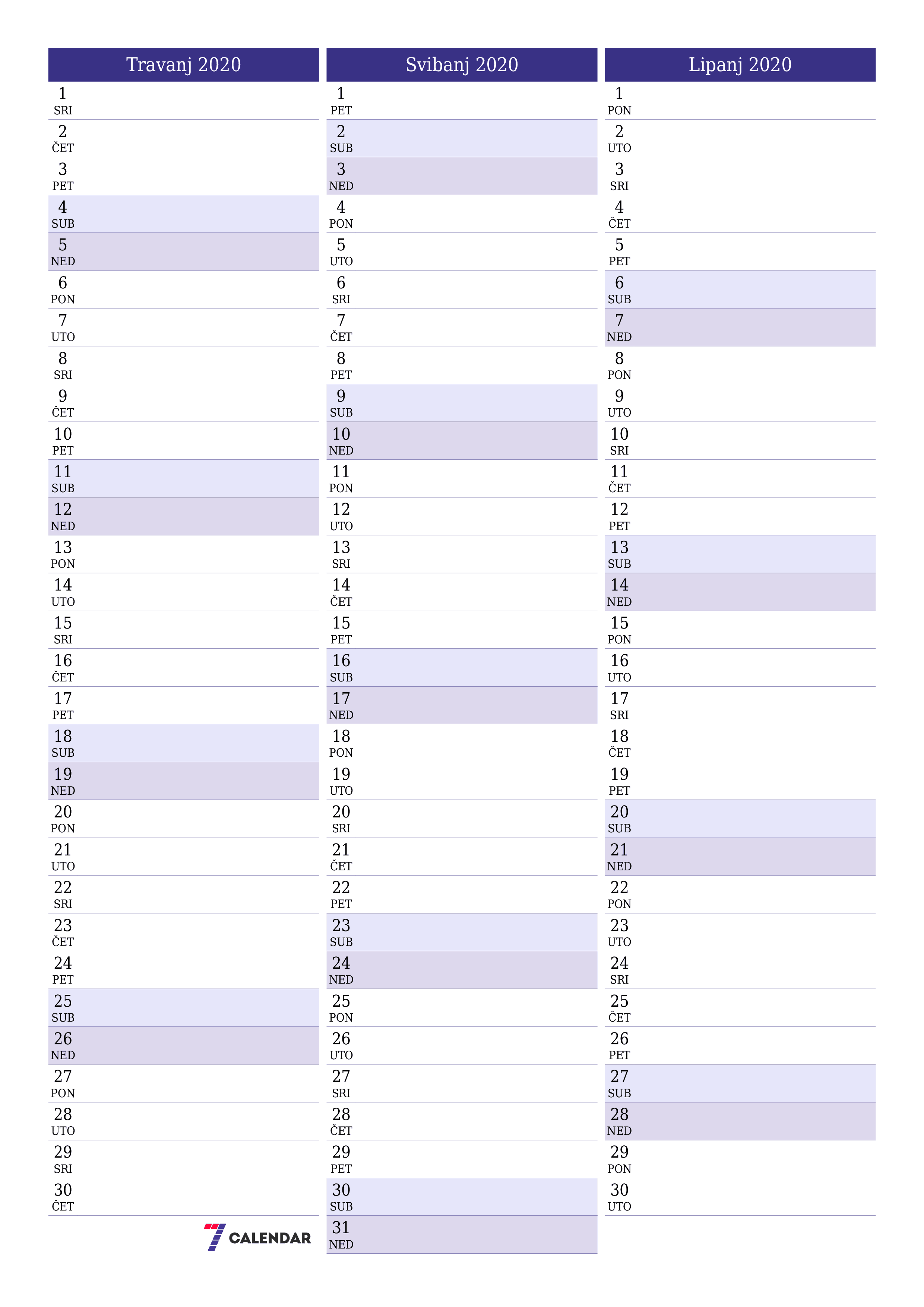  za ispis zidni predložak a besplatni okomito Mjesečni planer kalendar Travanj (Tra) 2020