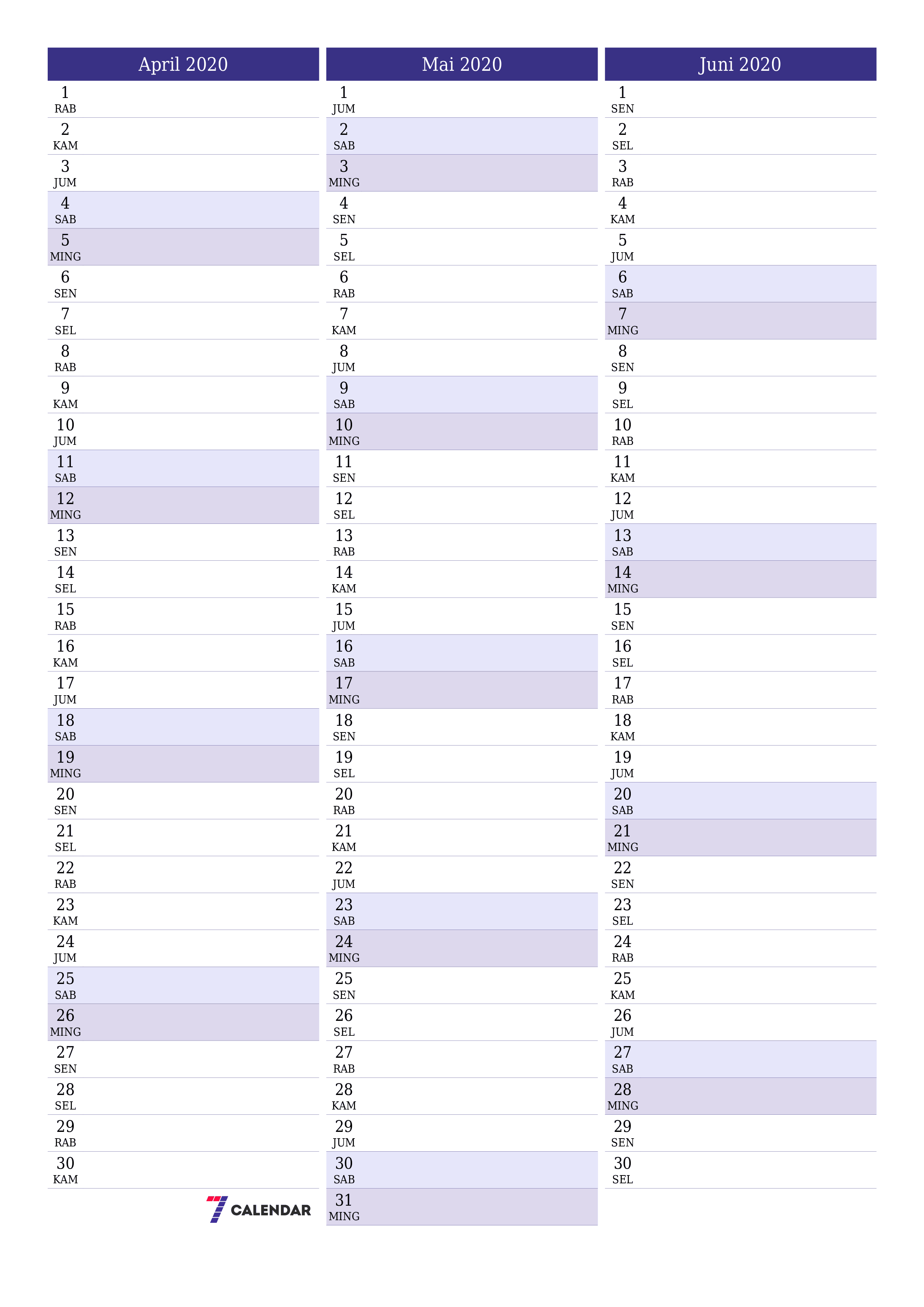 Kosongkan agenda bulanan untuk bulan April 2020 dengan catatan, simpan dan cetak ke PDF PNG Indonesian