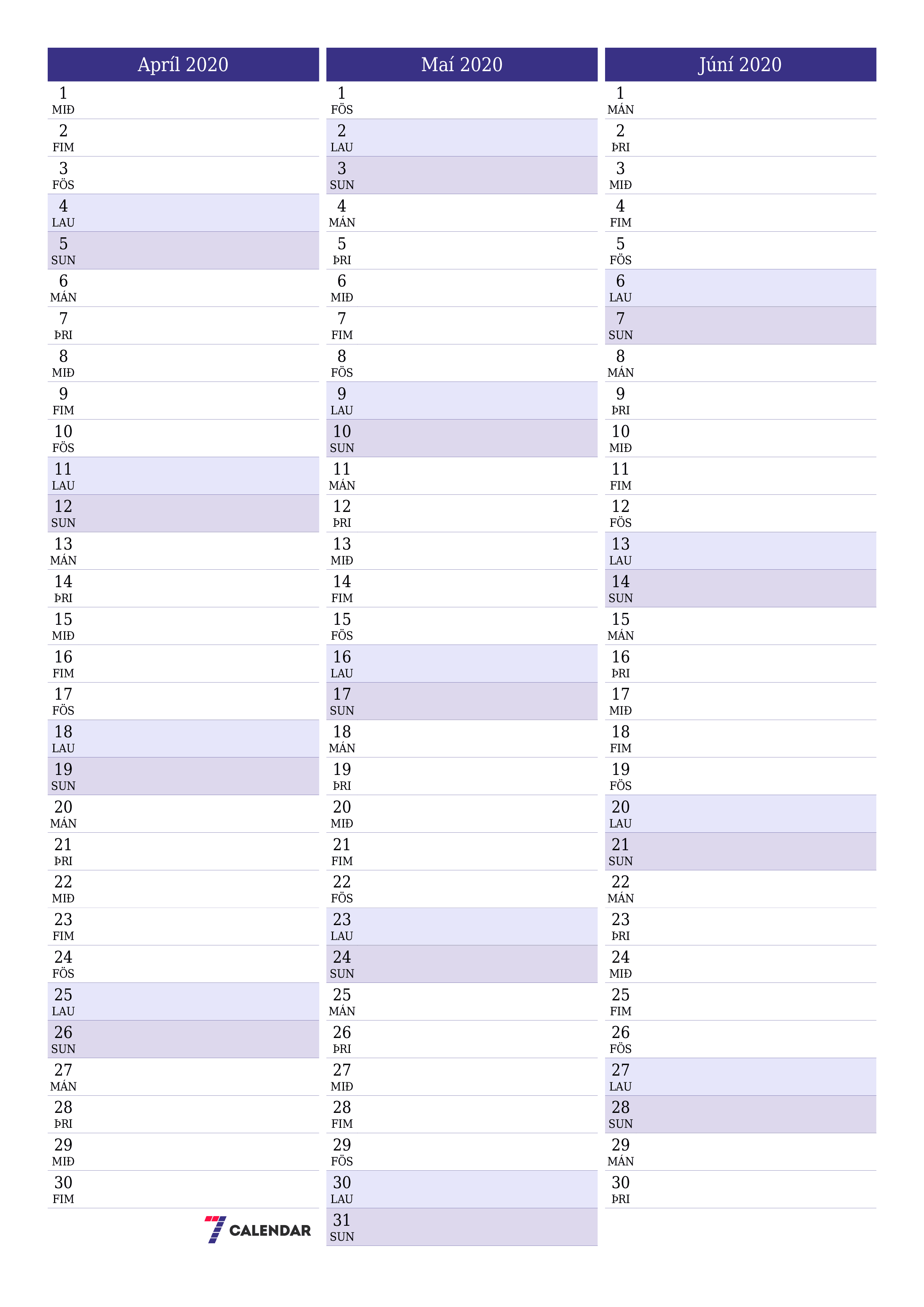 Tómur mánaðarlegur skipuleggjandi fyrir mánuðinn Apríl 2020 með athugasemdum, vista og prenta á PDF PNG Icelandic