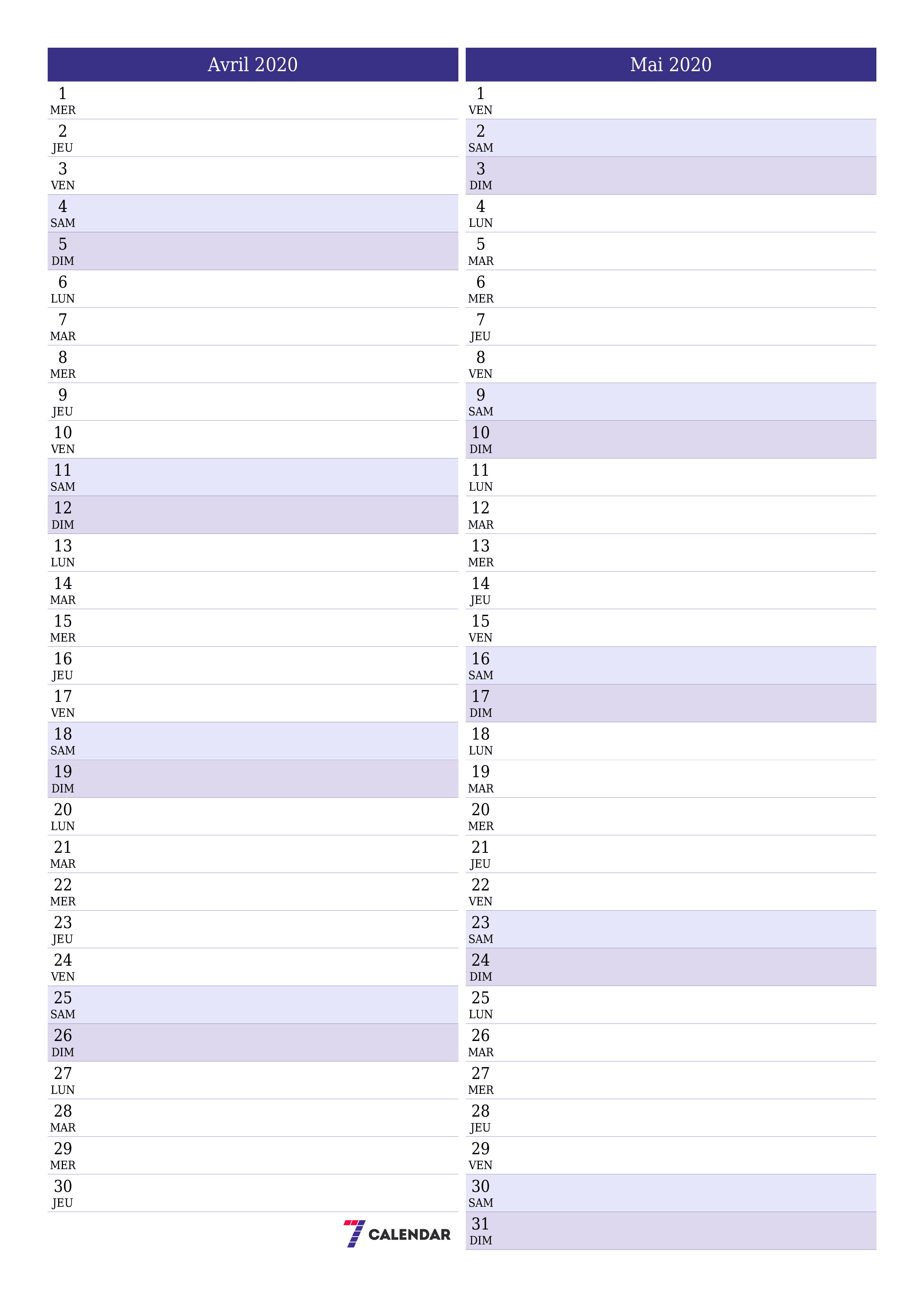 Agenda mensuel vide pour le mois Avril 2020 avec notes, enregistrez et imprimez au format PDF PNG French