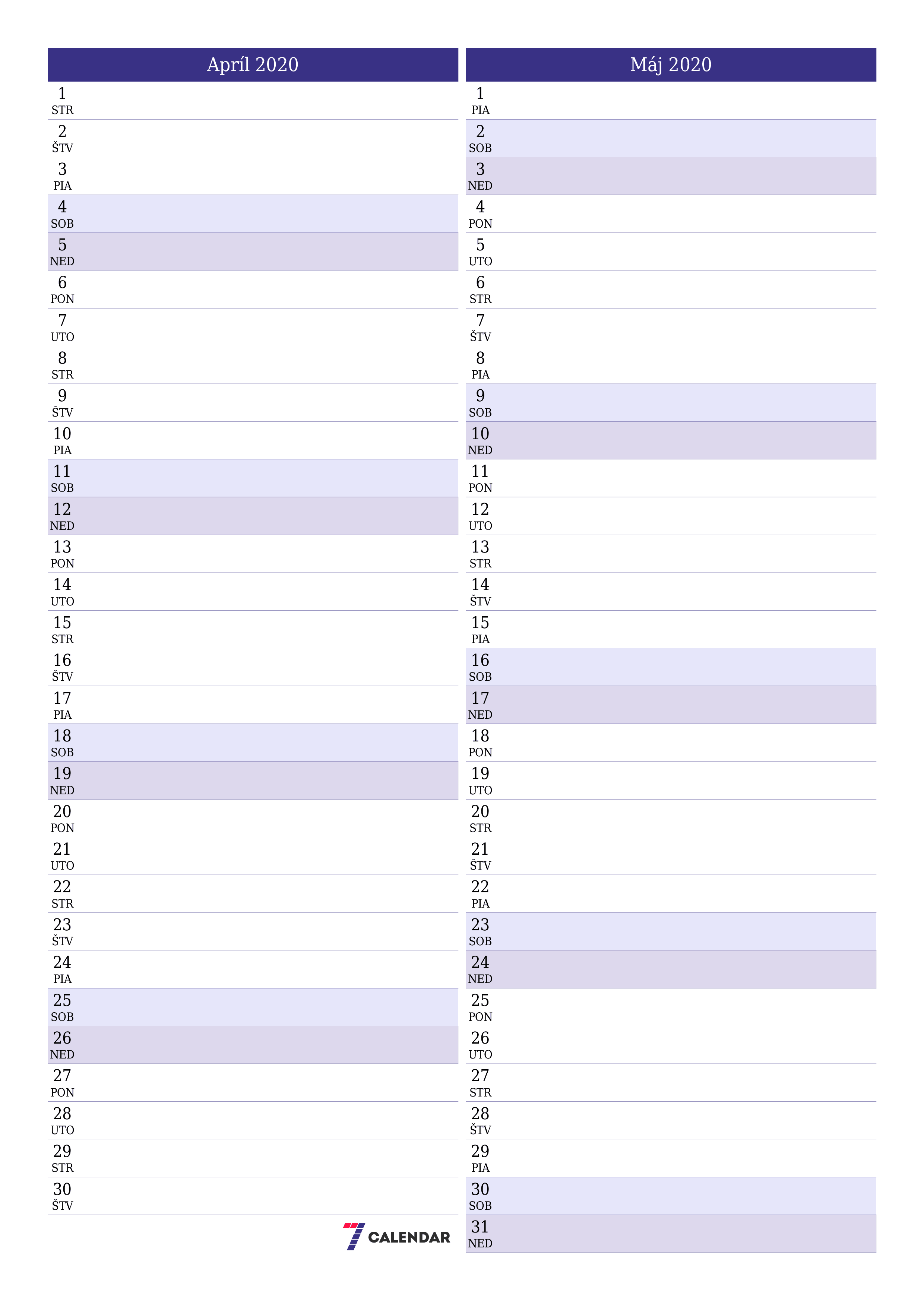 Prázdny mesačný plánovač na mesiac Apríl 2020 s poznámkami, uloženie a tlač do PDF PNG Slovak