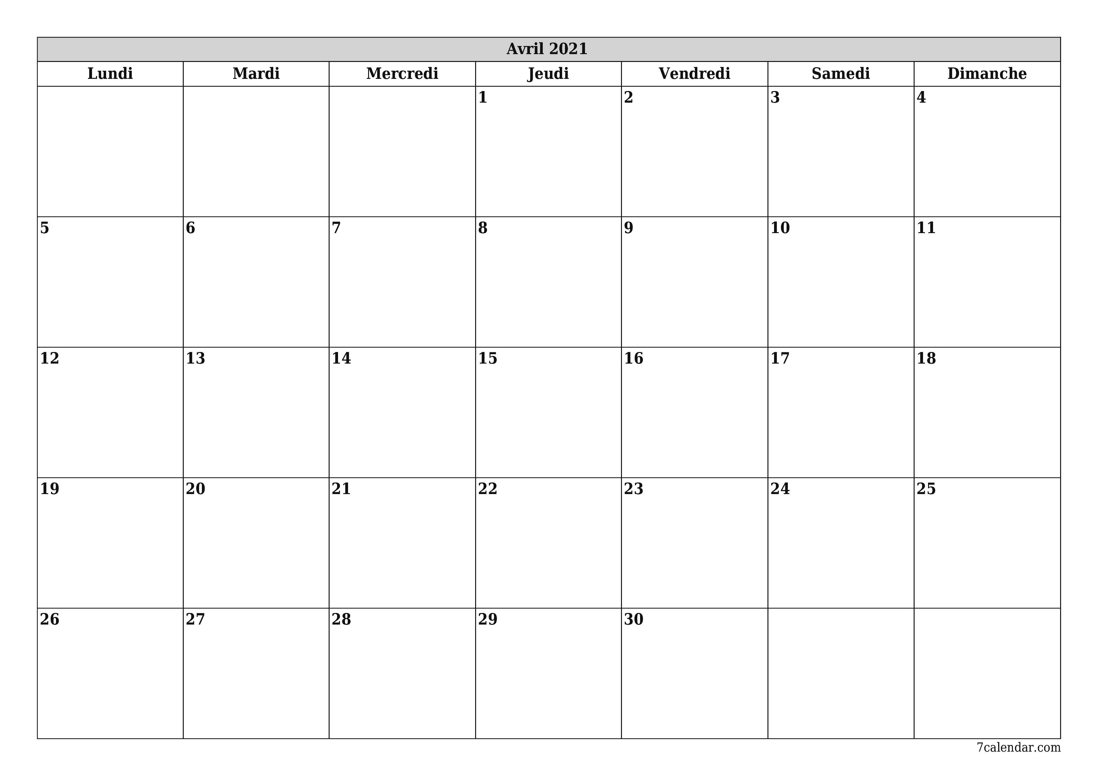 Agenda mensuel vide pour le mois Avril 2021 avec notes, enregistrez et imprimez au format PDF PNG French