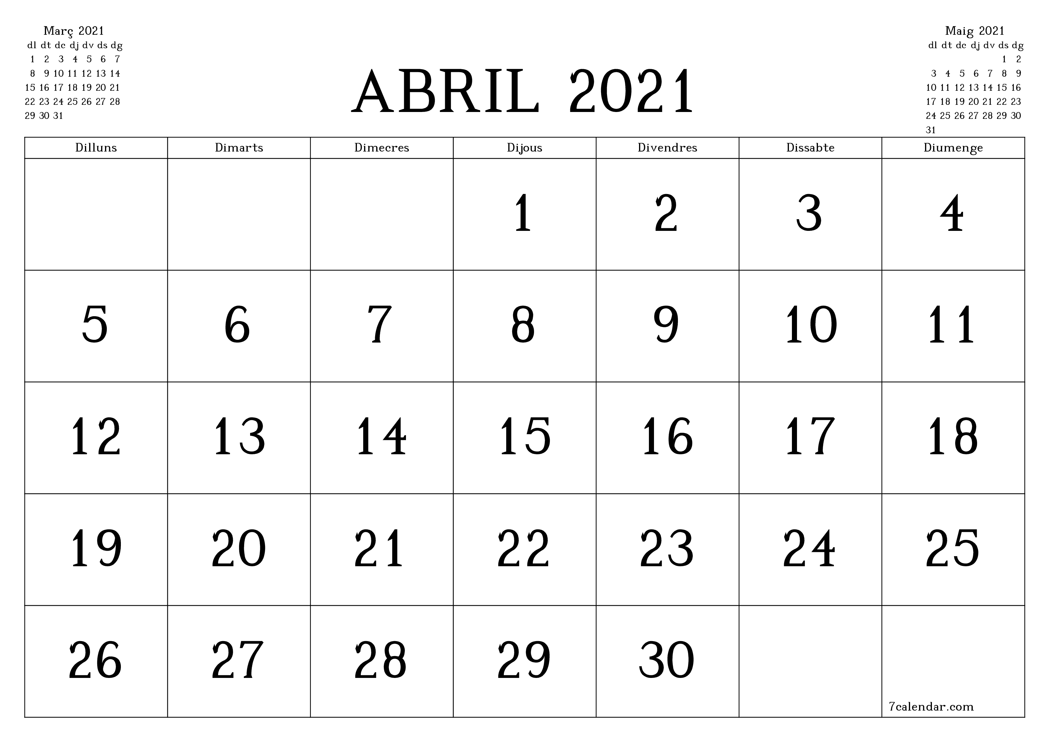 Planificador mensual buit del mes Abril 2021 amb notes, deseu-lo i imprimiu-lo en format PDF PNG Catalan