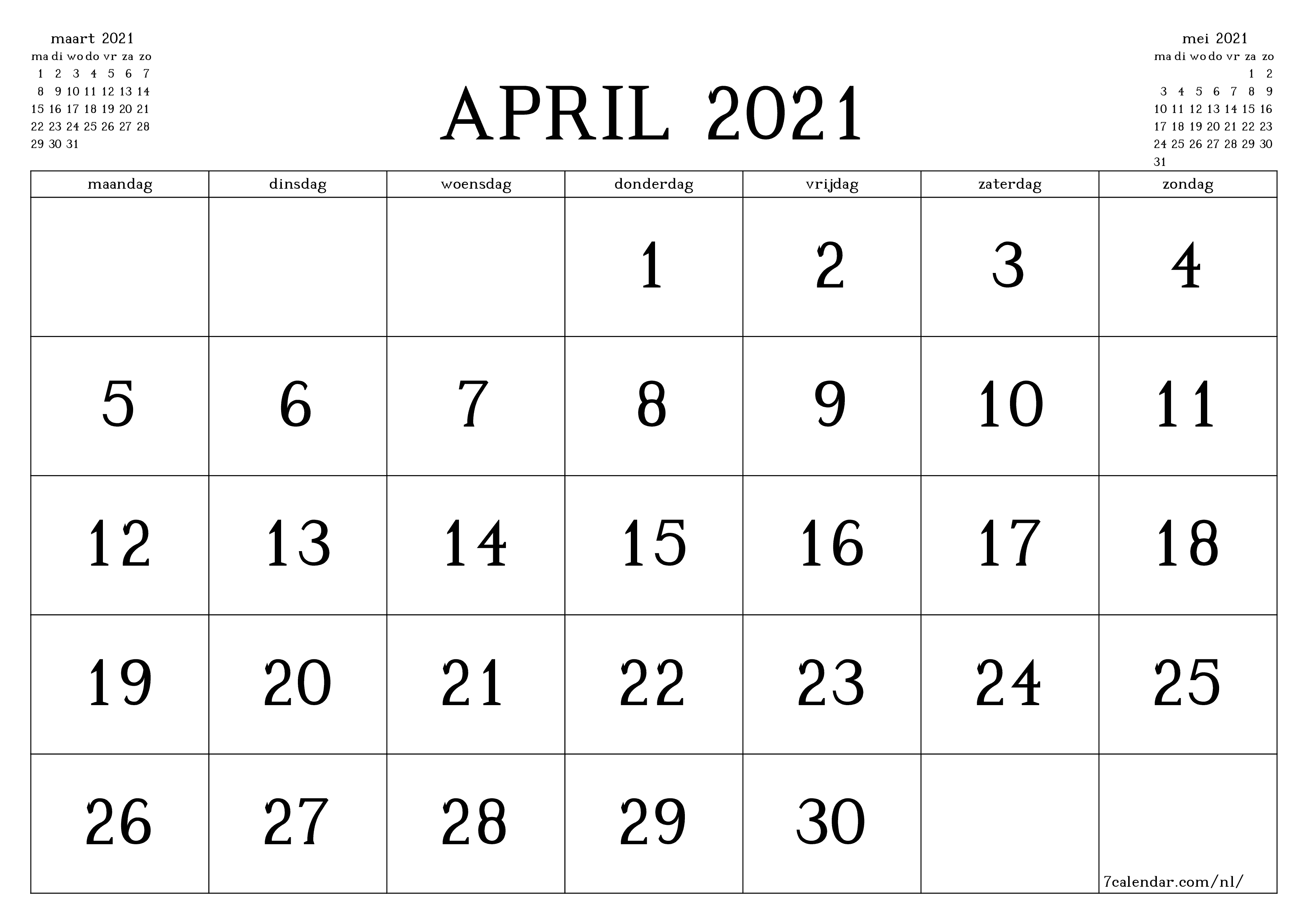 Lege maandplanner voor maand april 2021 met notities, opslaan en afdrukken naar pdf PNG Dutch