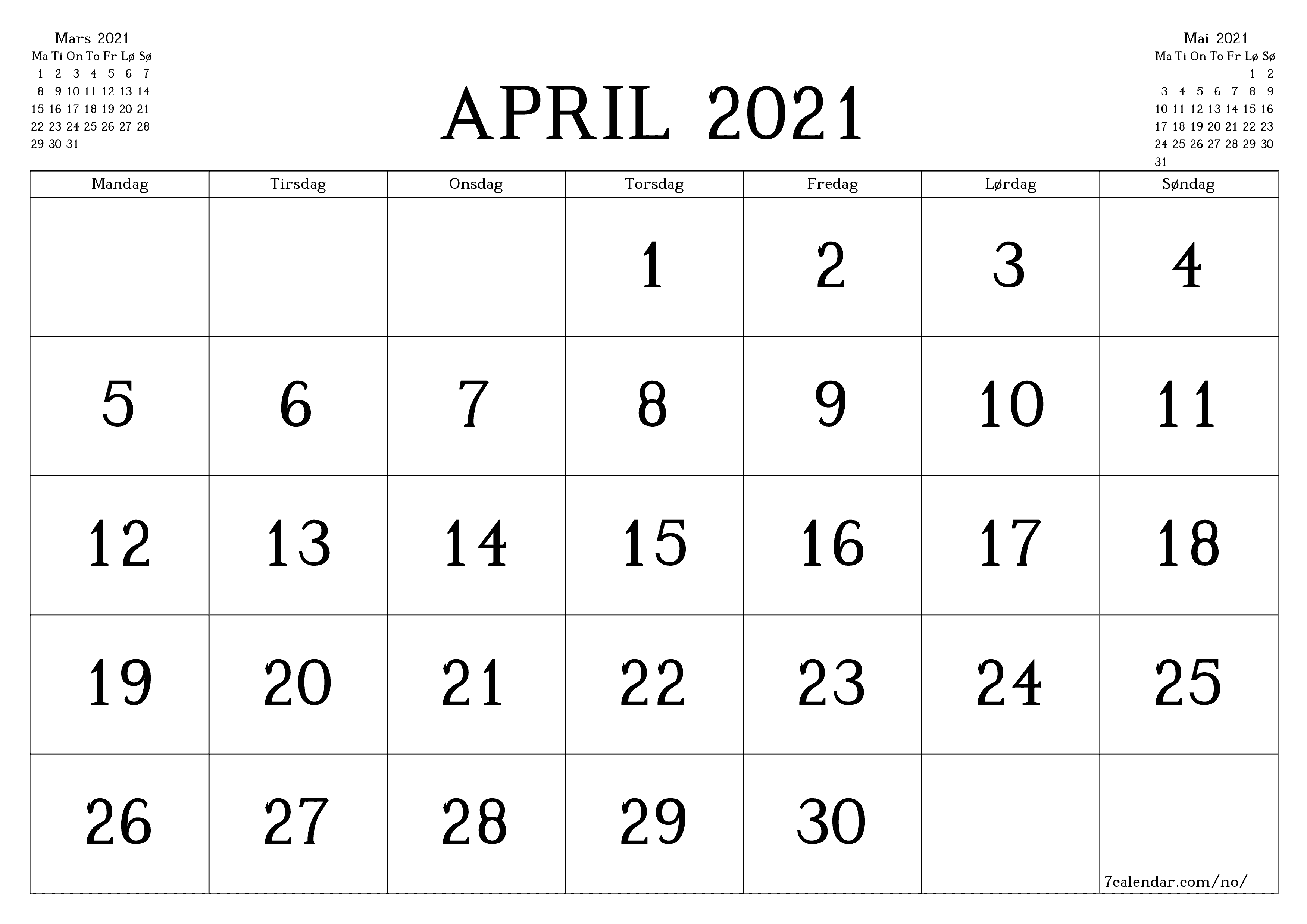 Tom månedlig planlegger for måned April 2021 med notater, lagre og skriv ut til PDF PNG Norwegian