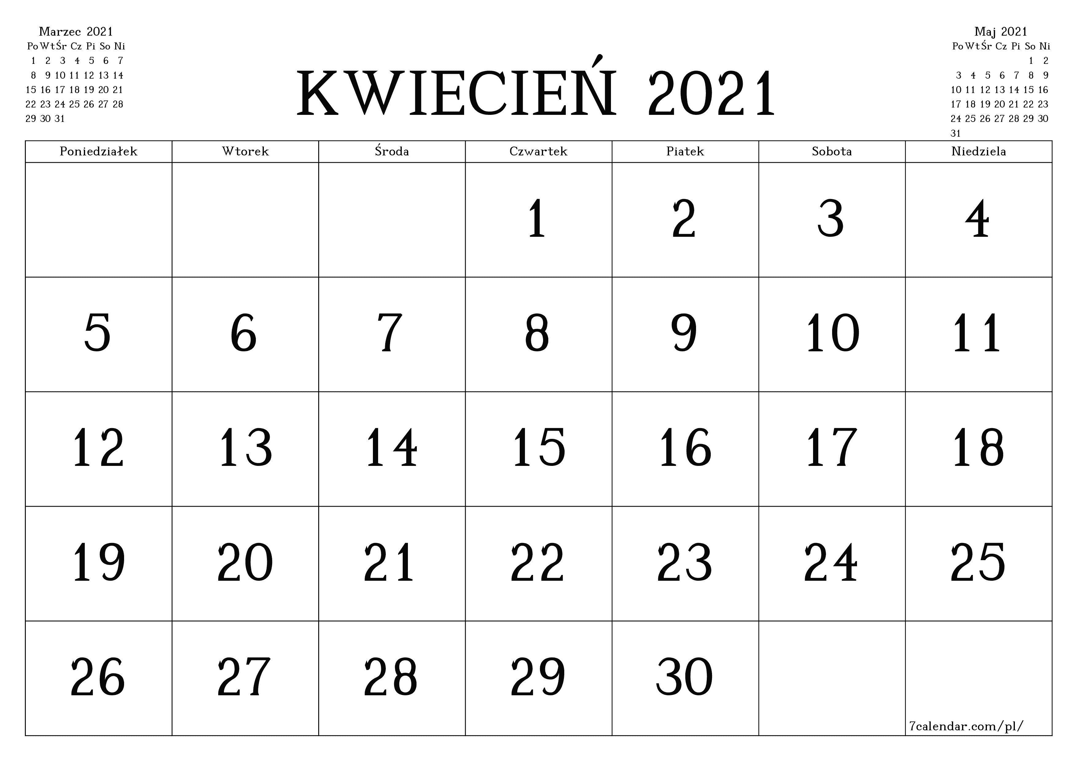 Opróżnij miesięczny planer na miesiąc Kwiecień 2021 z notatkami, zapisz i wydrukuj w formacie PDF PNG Polish