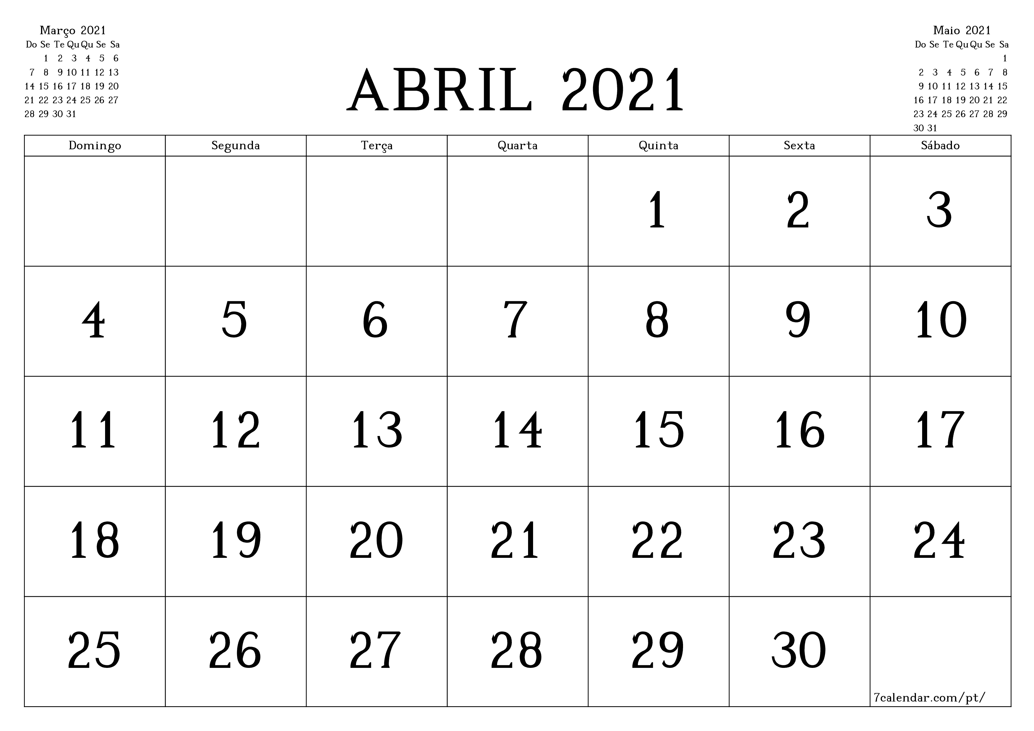 Esvazie o planejador mensal para o mês Abril 2021 com notas, salve e imprima em PDF PNG Portuguese