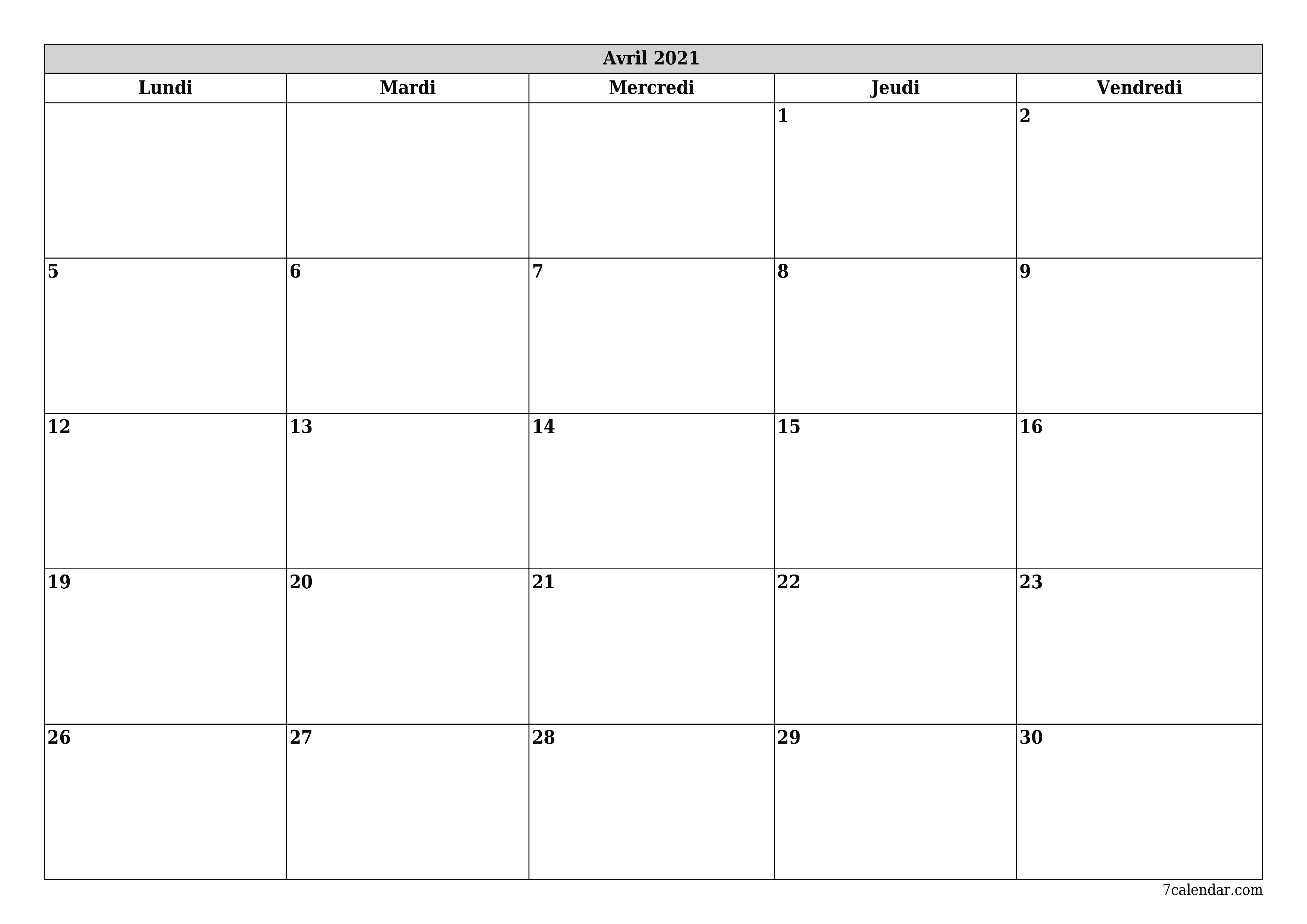 Agenda mensuel vide pour le mois Avril 2021 avec notes, enregistrez et imprimez au format PDF PNG French