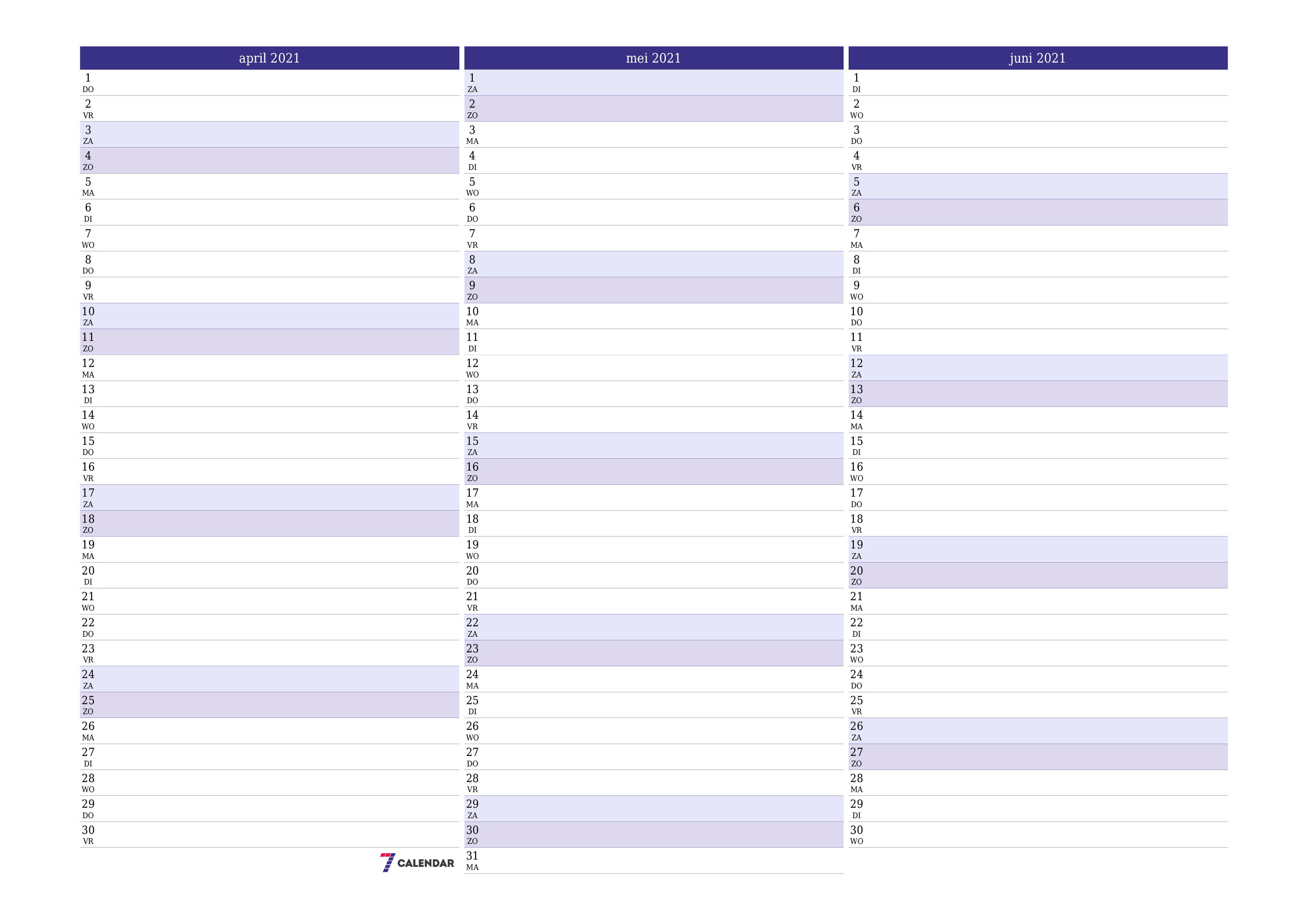 Lege maandplanner voor maand april 2021 met notities, opslaan en afdrukken naar pdf PNG Dutch