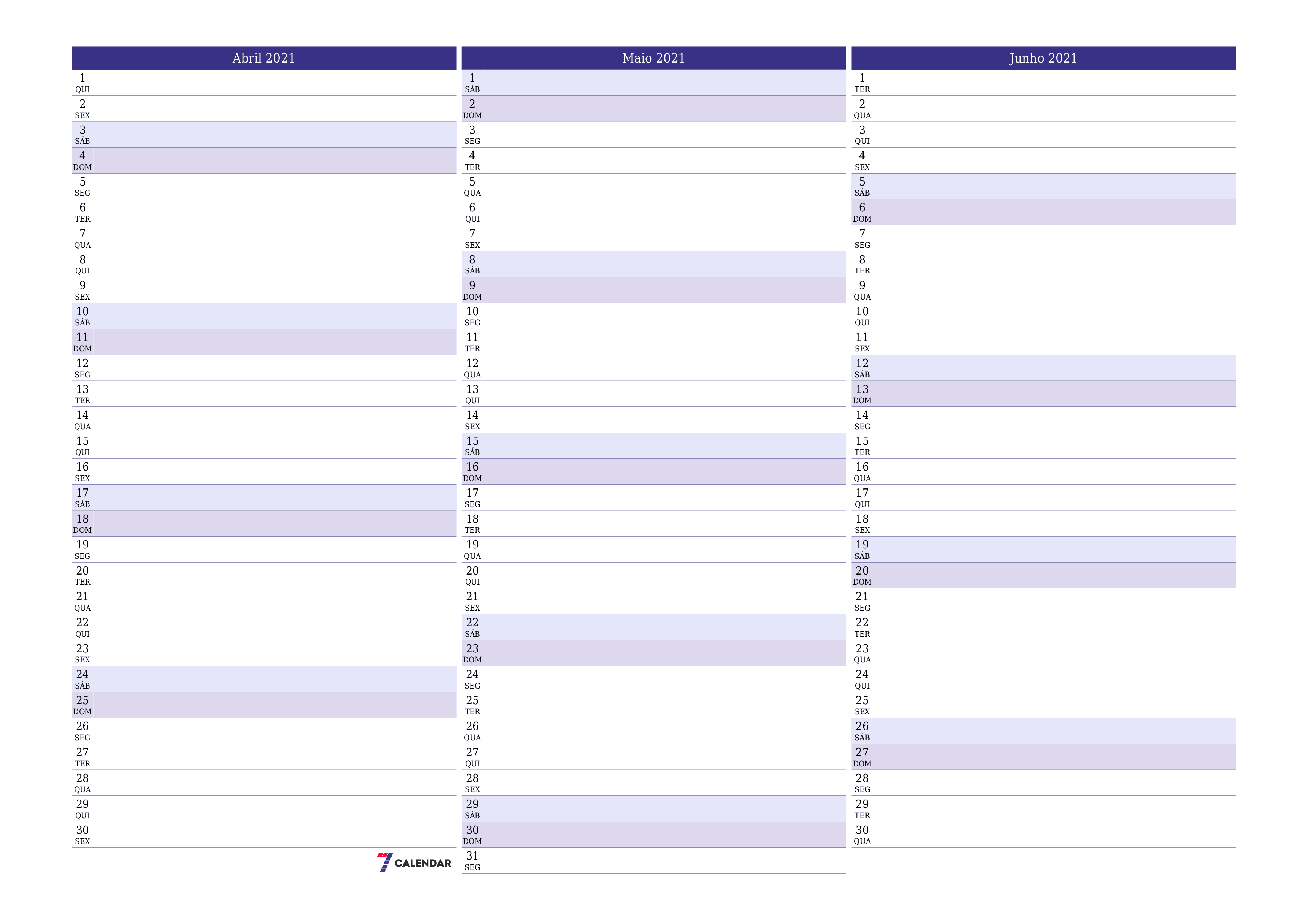  para impressão de parede modelo de grátishorizontal Mensal planejador calendário Abril (Abr) 2021