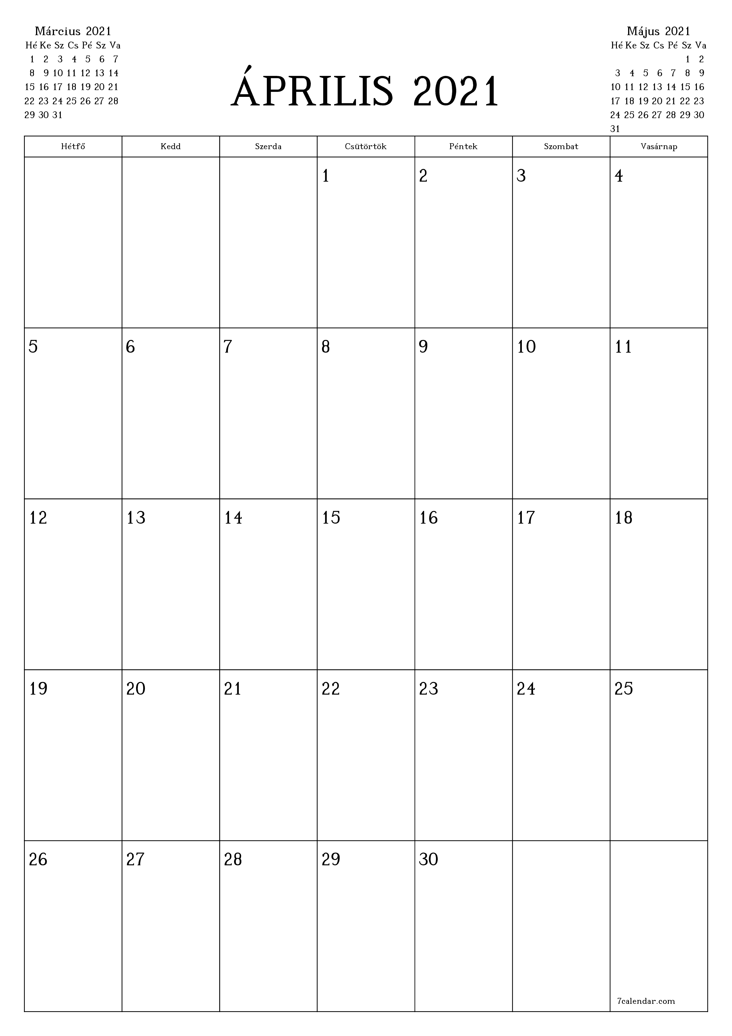 nyomtatható fali sablon ingyenes függőleges Havi tervező naptár Április (Ápr) 2021