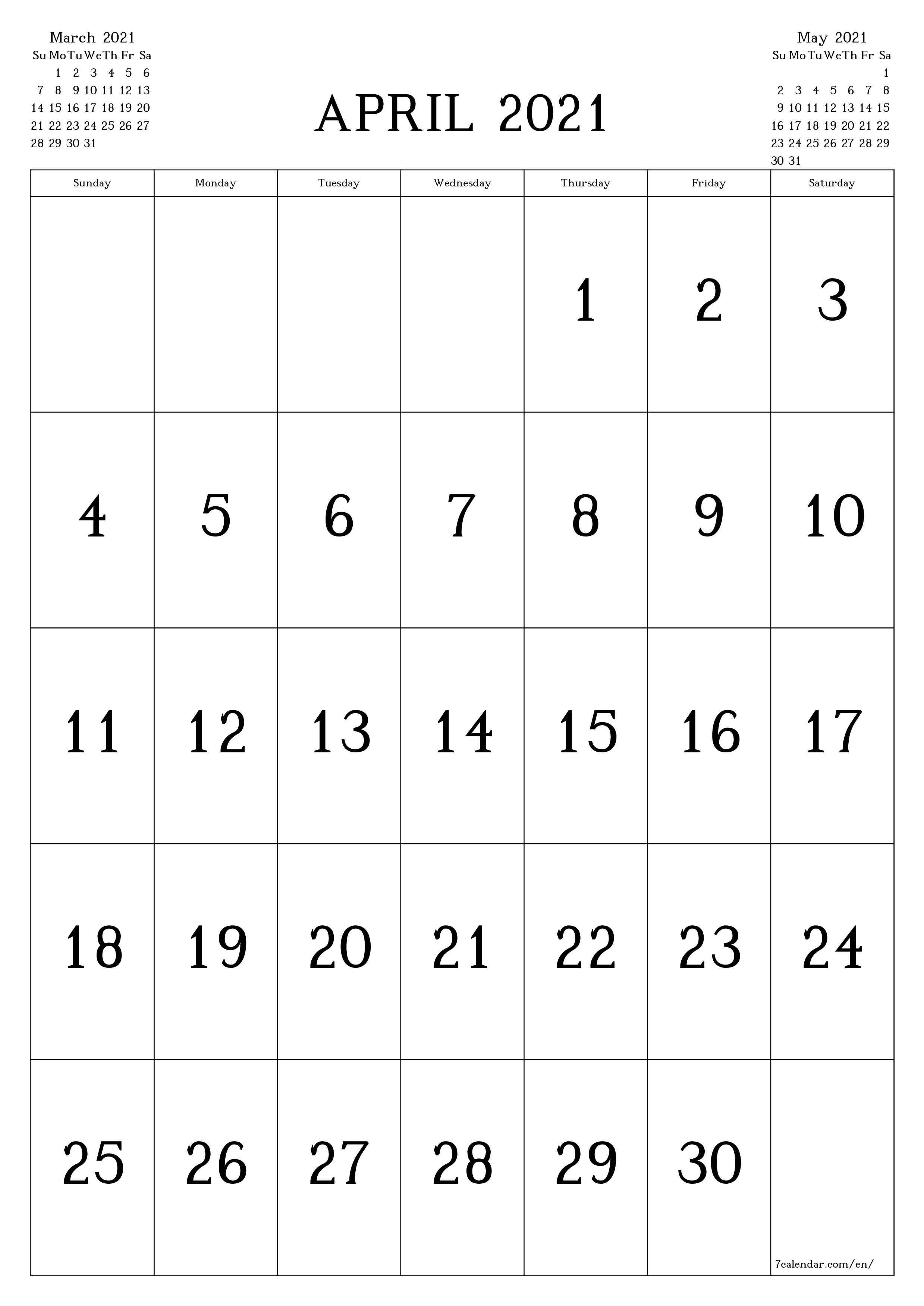 Blank monthly dated HD template image of calendar for month April 2021 save and print to PDF PNG English - 7calendar.com