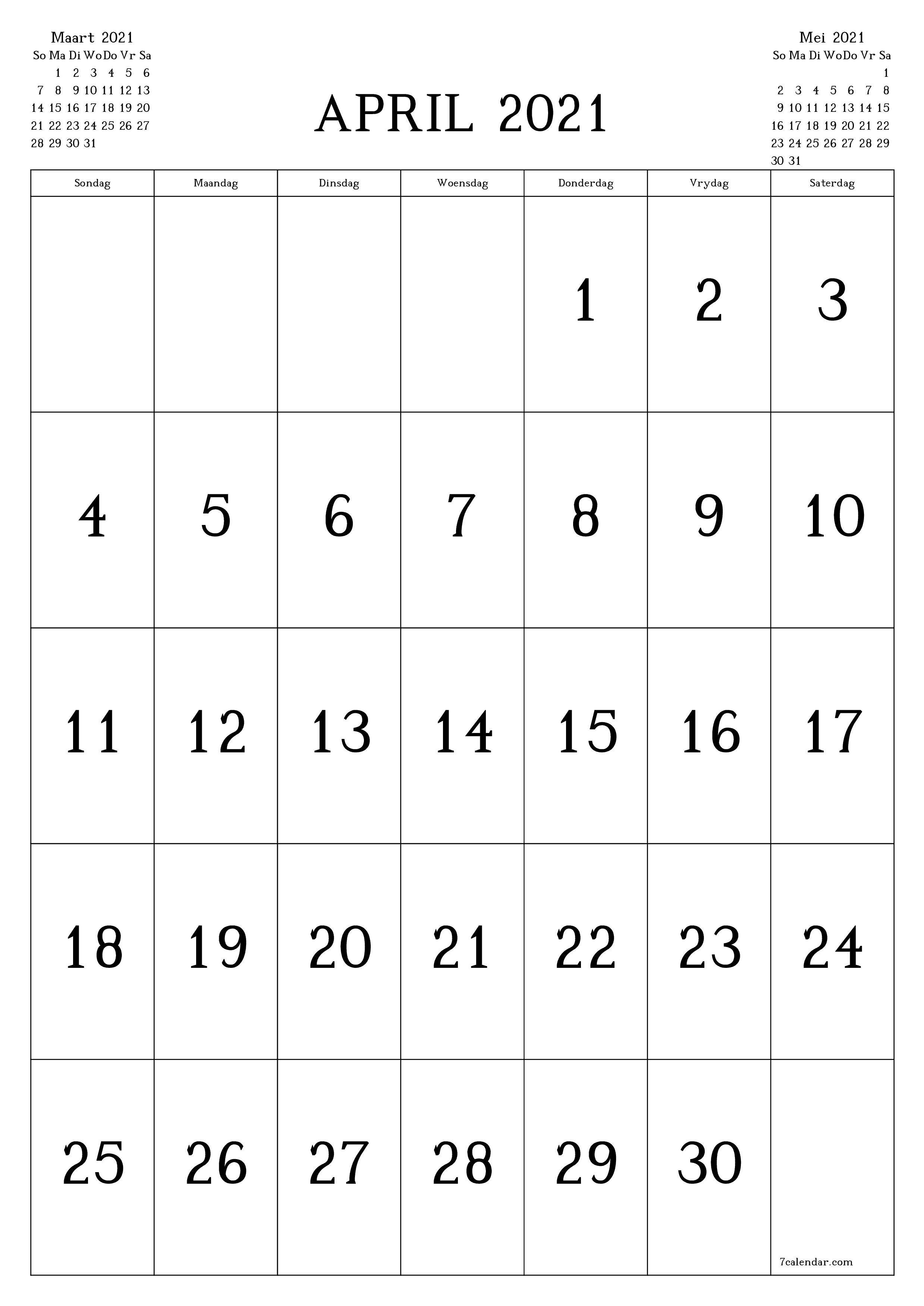 Leë maandelikse drukbare kalender en beplanner vir maand April 2021 met notas stoor en druk na PDF PNG Afrikaans