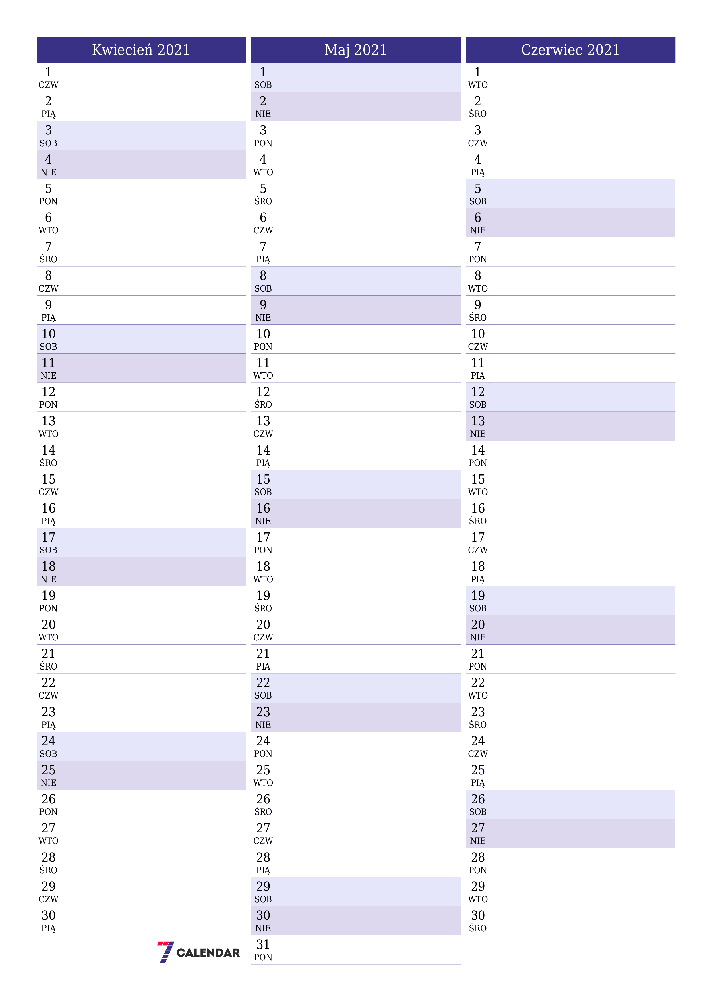 Opróżnij miesięczny planer na miesiąc Kwiecień 2021 z notatkami, zapisz i wydrukuj w formacie PDF PNG Polish