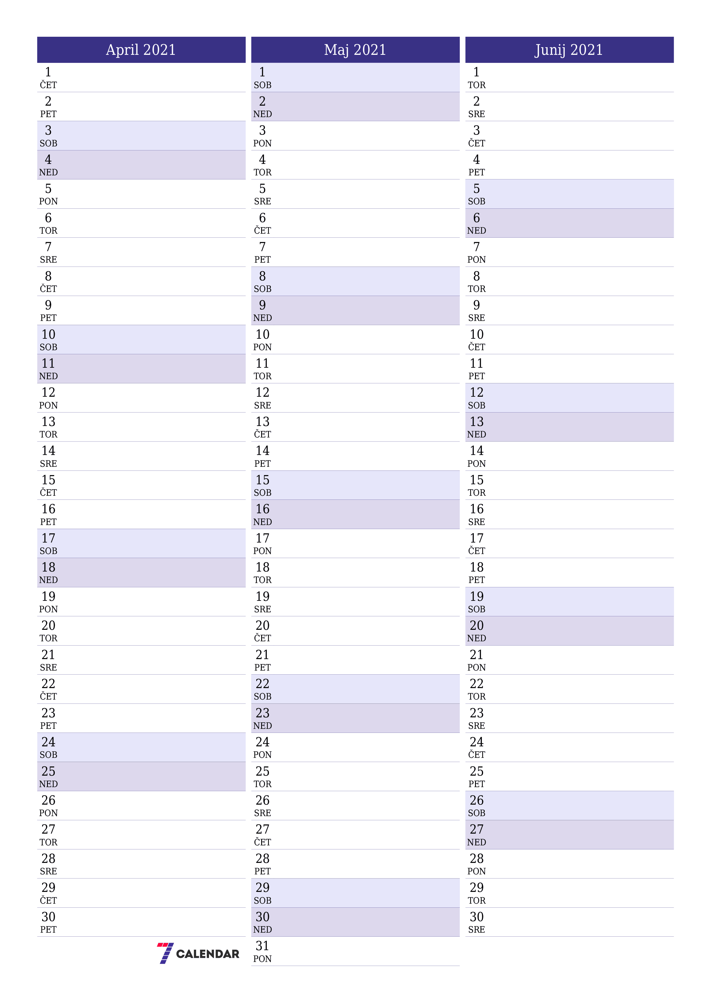 Prazen mesečni načrtovalec koledarja za mesec April 2021 z opombami, natisnjenimi v PDF PNG Slovenian