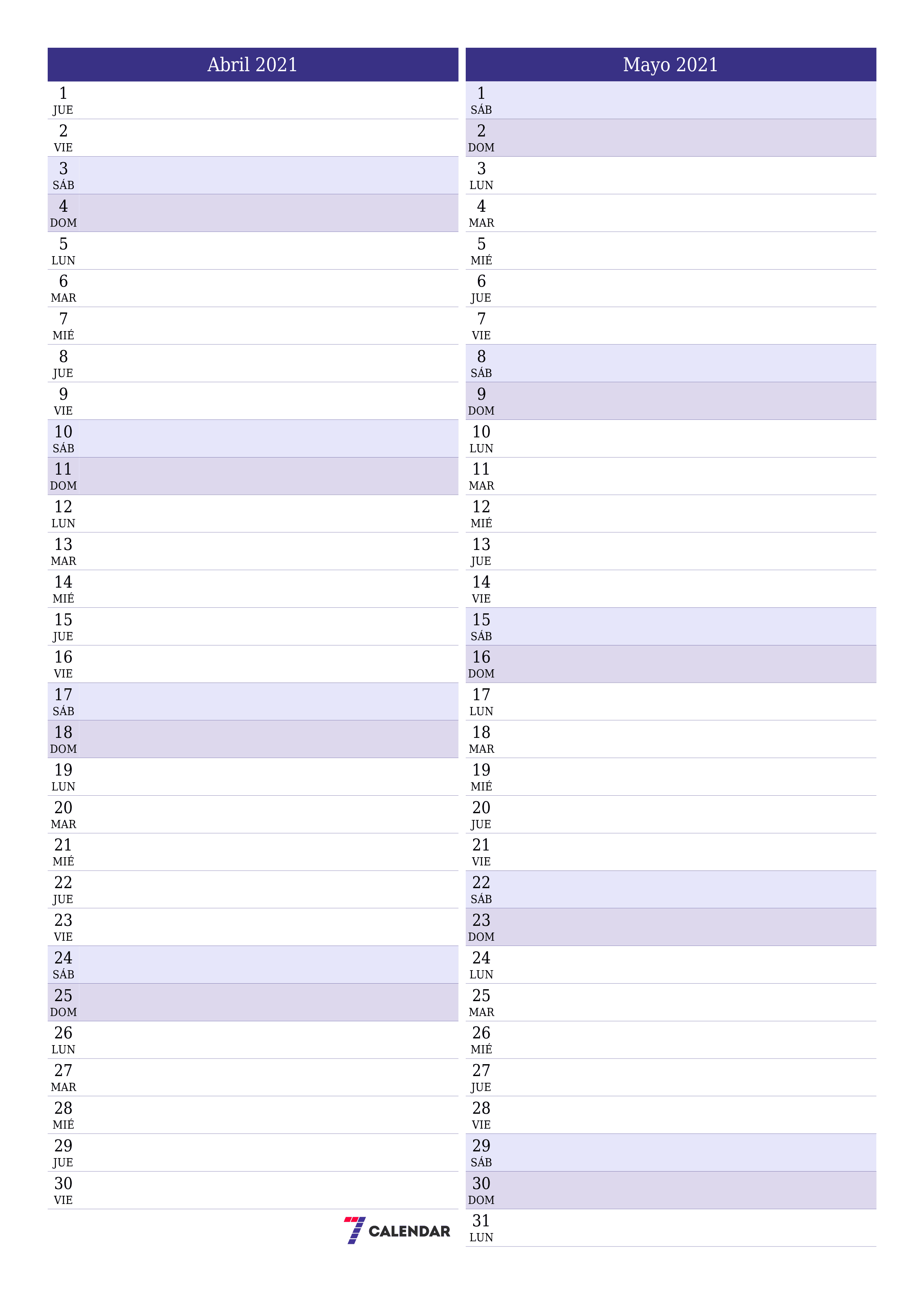 Planificador mensual vacío para el mes Abril 2021 con notas, guardar e imprimir en PDF PNG Spanish