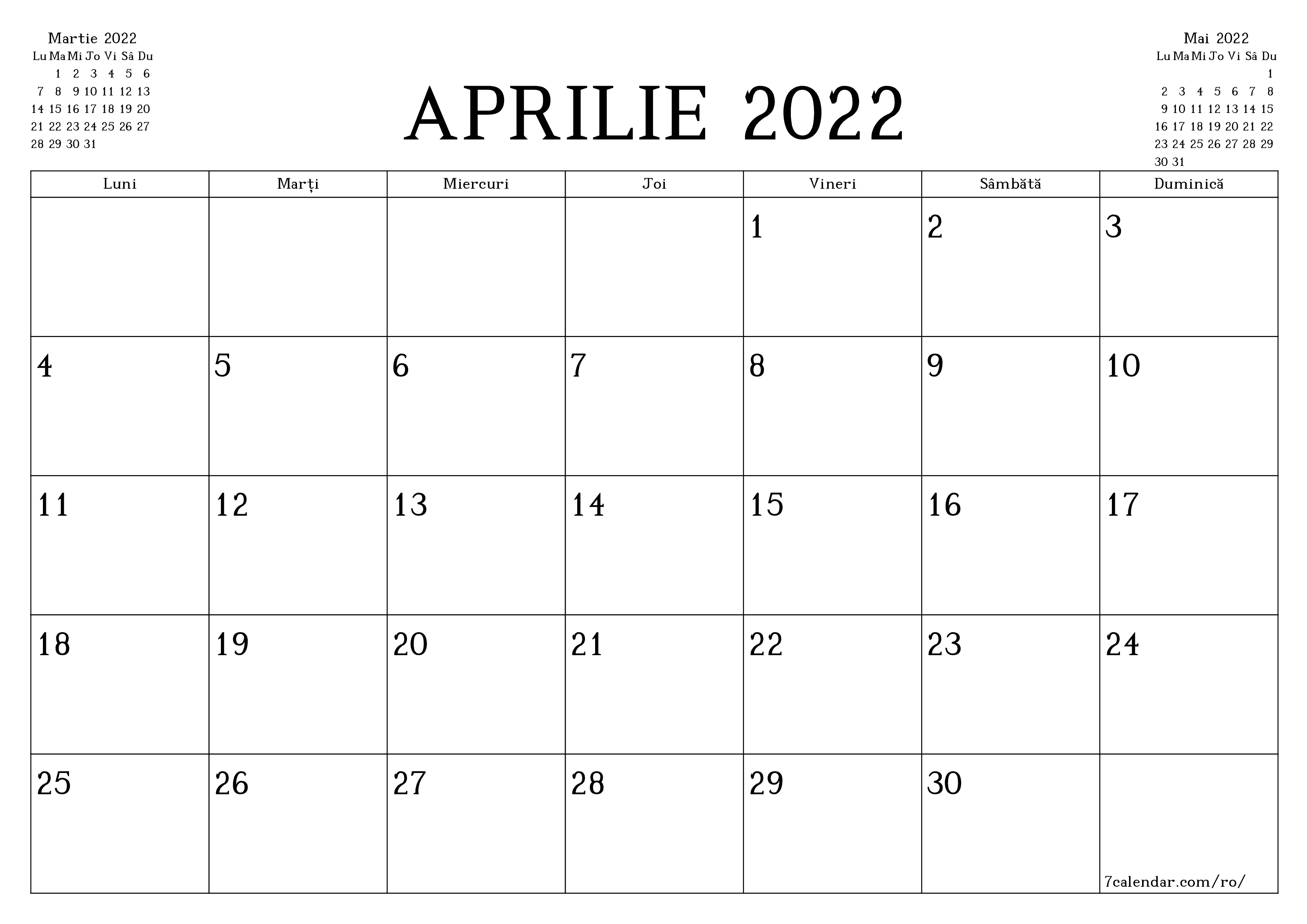 Planificator lunar gol pentru luna Aprilie 2022 cu note, salvați și tipăriți în PDF PNG Romanian