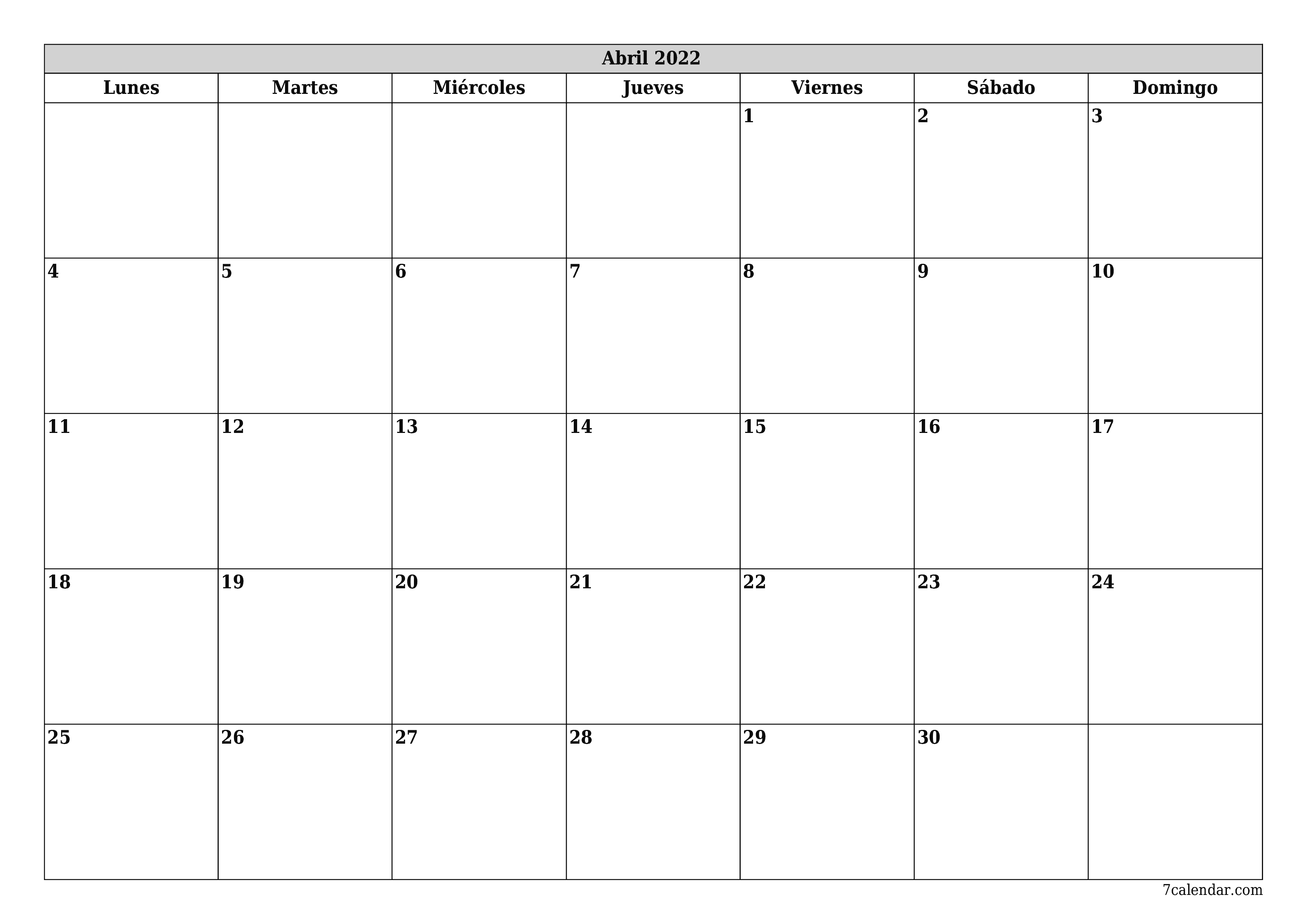 Planificador mensual vacío para el mes Abril 2022 con notas, guardar e imprimir en PDF PNG Spanish