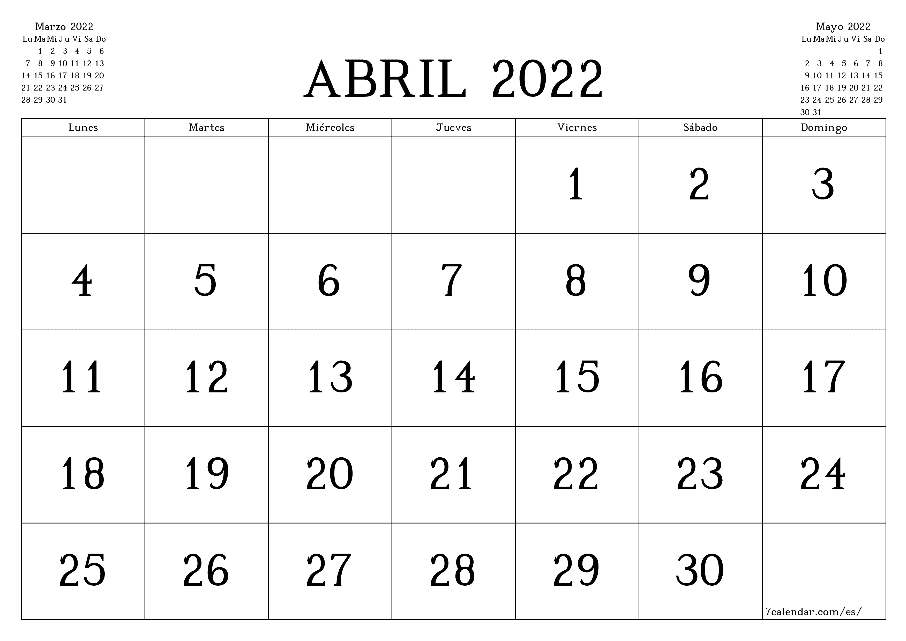Planificador mensual vacío para el mes Abril 2022 con notas, guardar e imprimir en PDF PNG Spanish