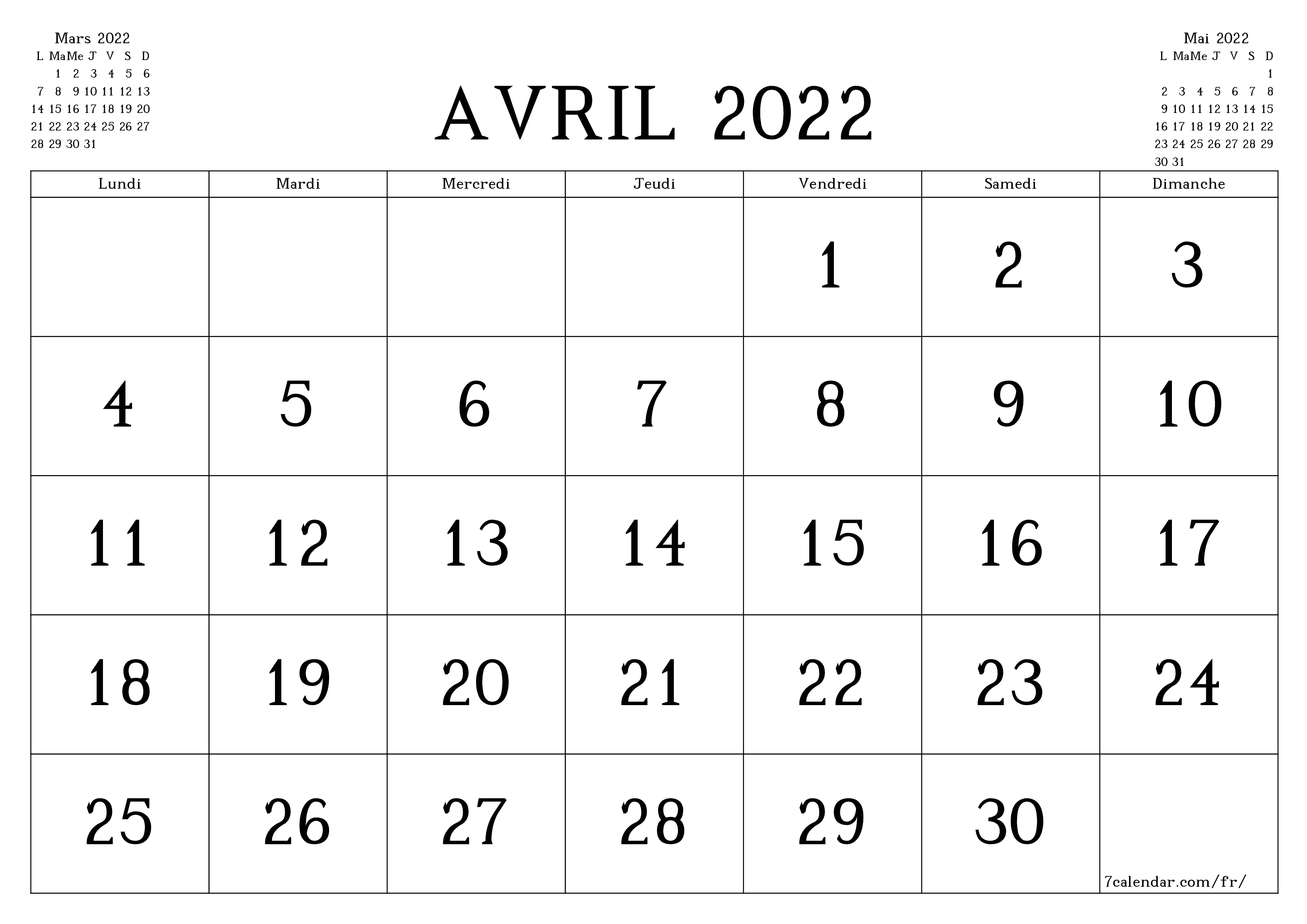 Agenda mensuel vide pour le mois Avril 2022 avec notes, enregistrez et imprimez au format PDF PNG French