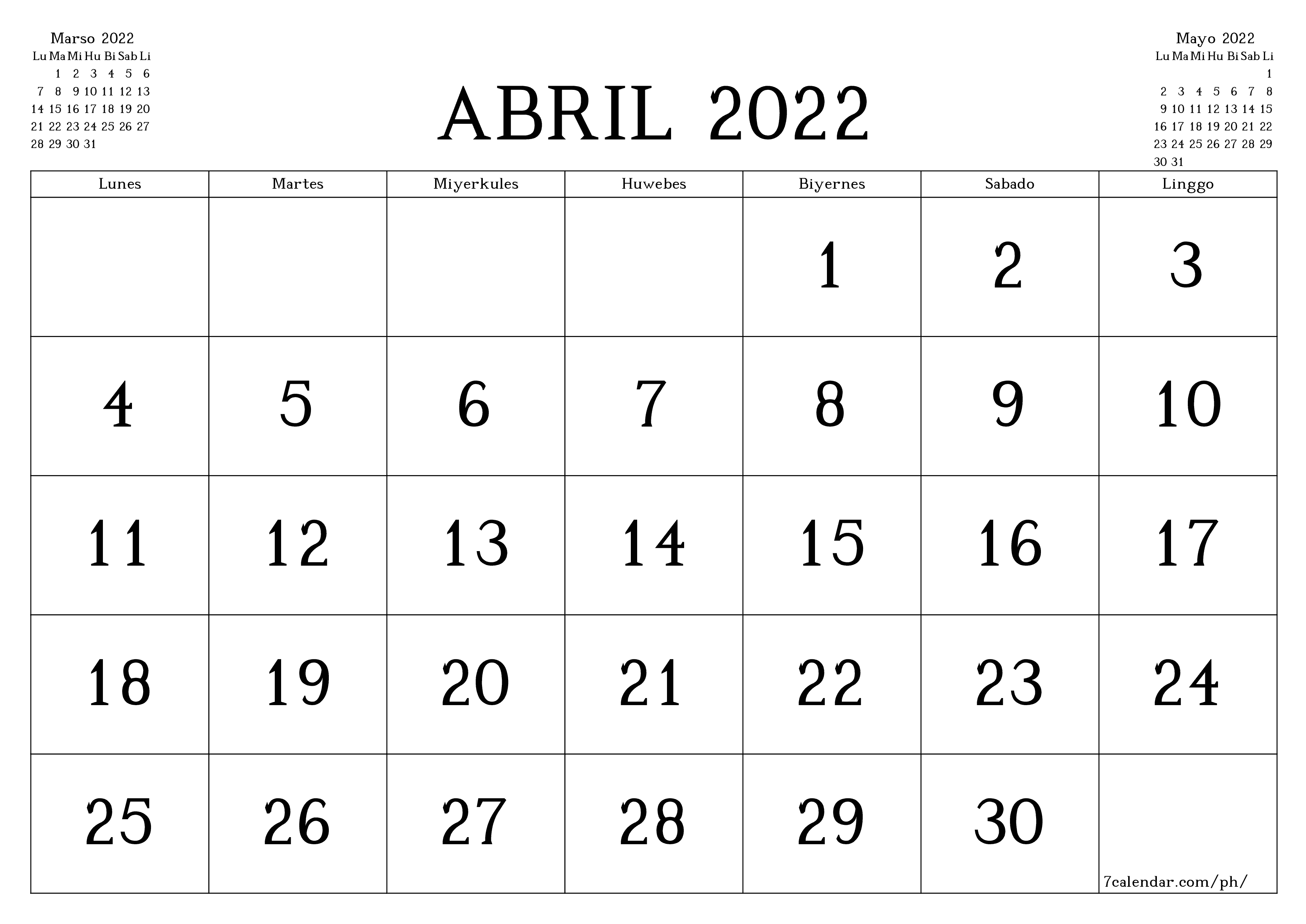 napi-print na sa dingding template ng libreng pahalang Buwanang kalendaryo Abril (Abr) 2022